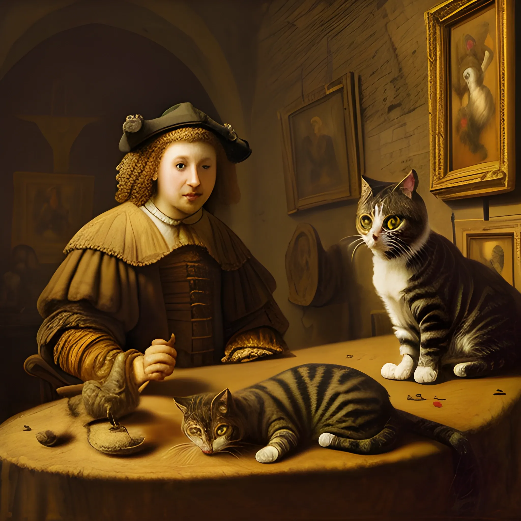 A Rembrandt inspired painting of cats in the old castle. Higly detailed. 