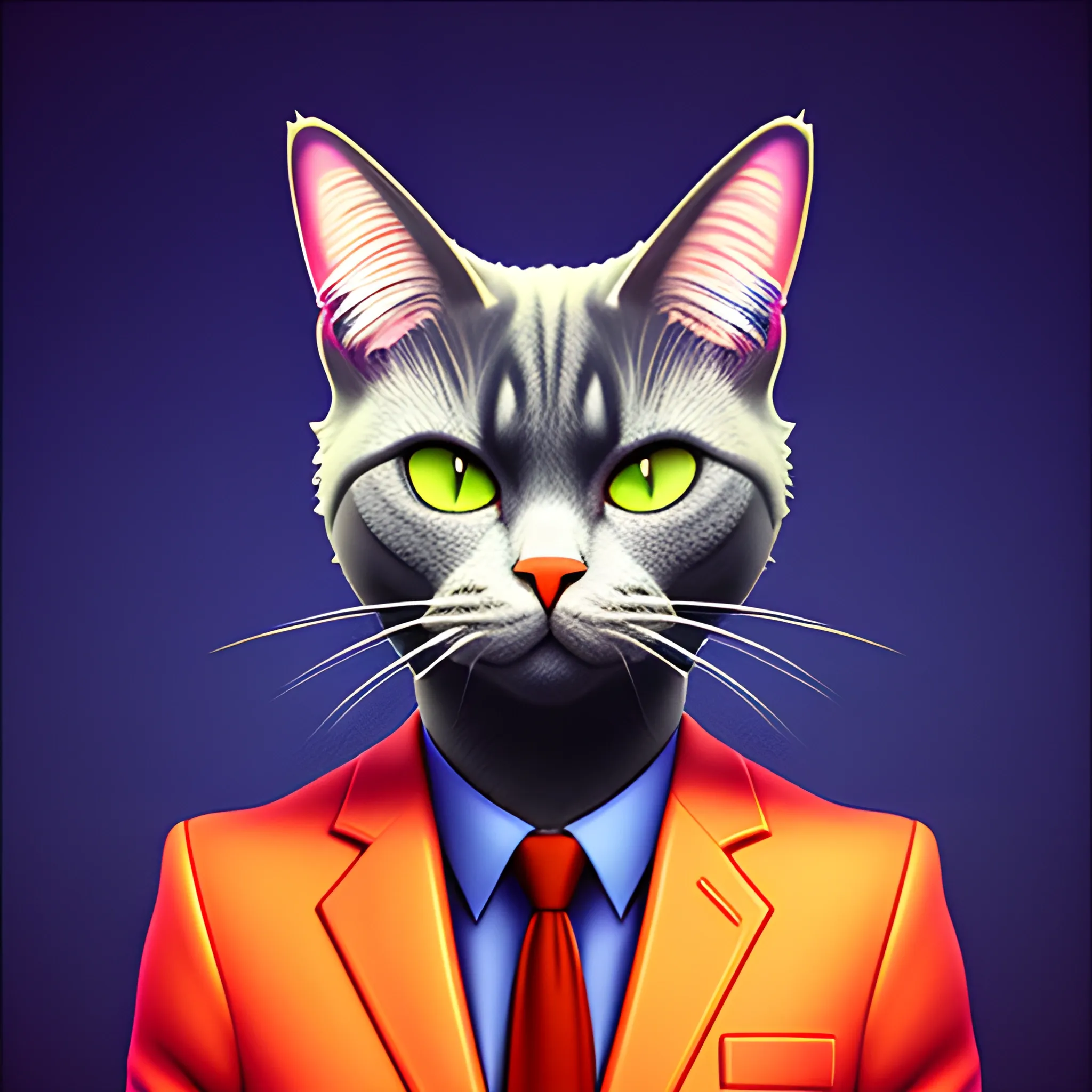 3D style digital art of a silly young cat-attorney. Cinematic. (High quality), (sharpened), vaporwave.