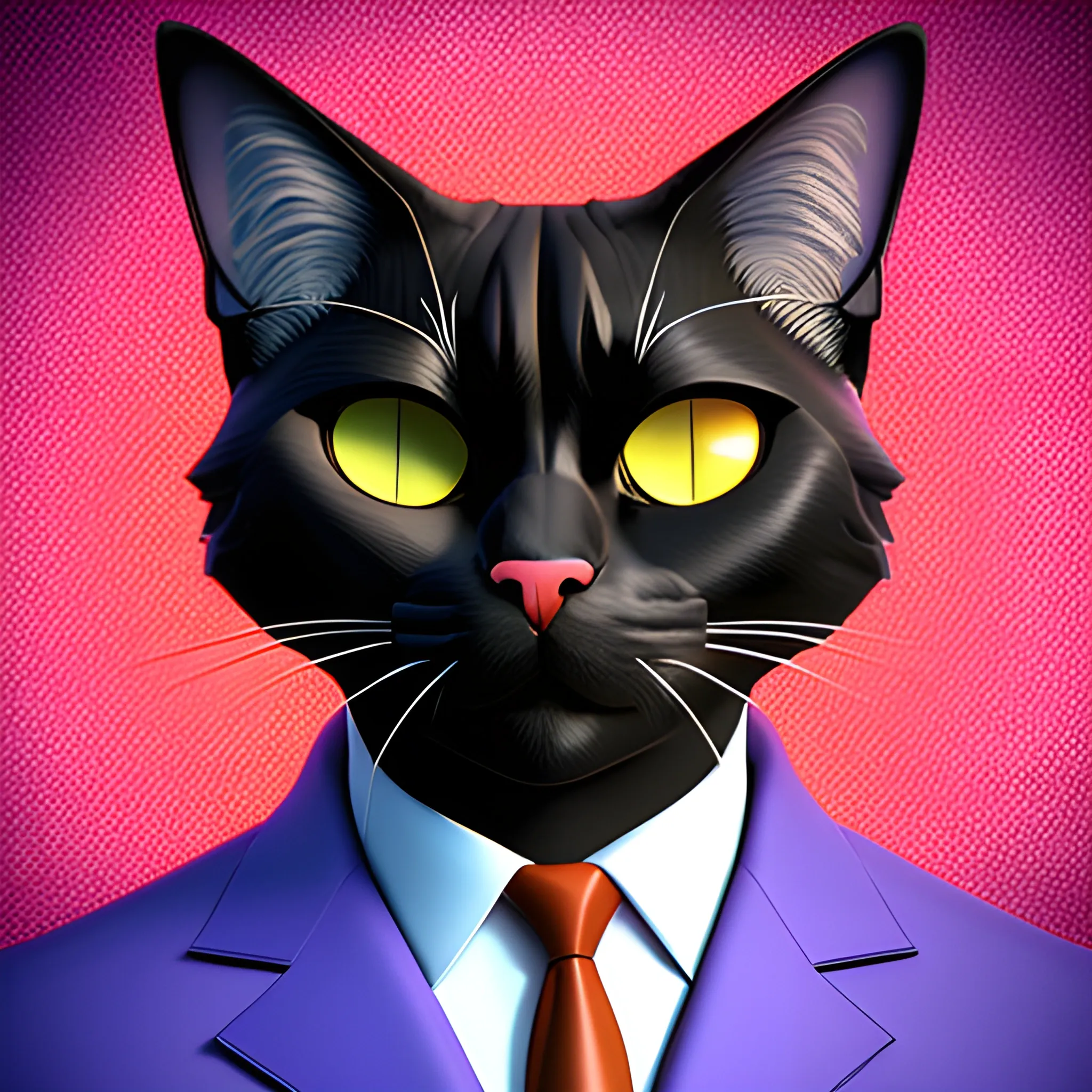 3D style digital art of a silly young cat-attorney. Cinematic. (High quality), (sharpened), synthwave.