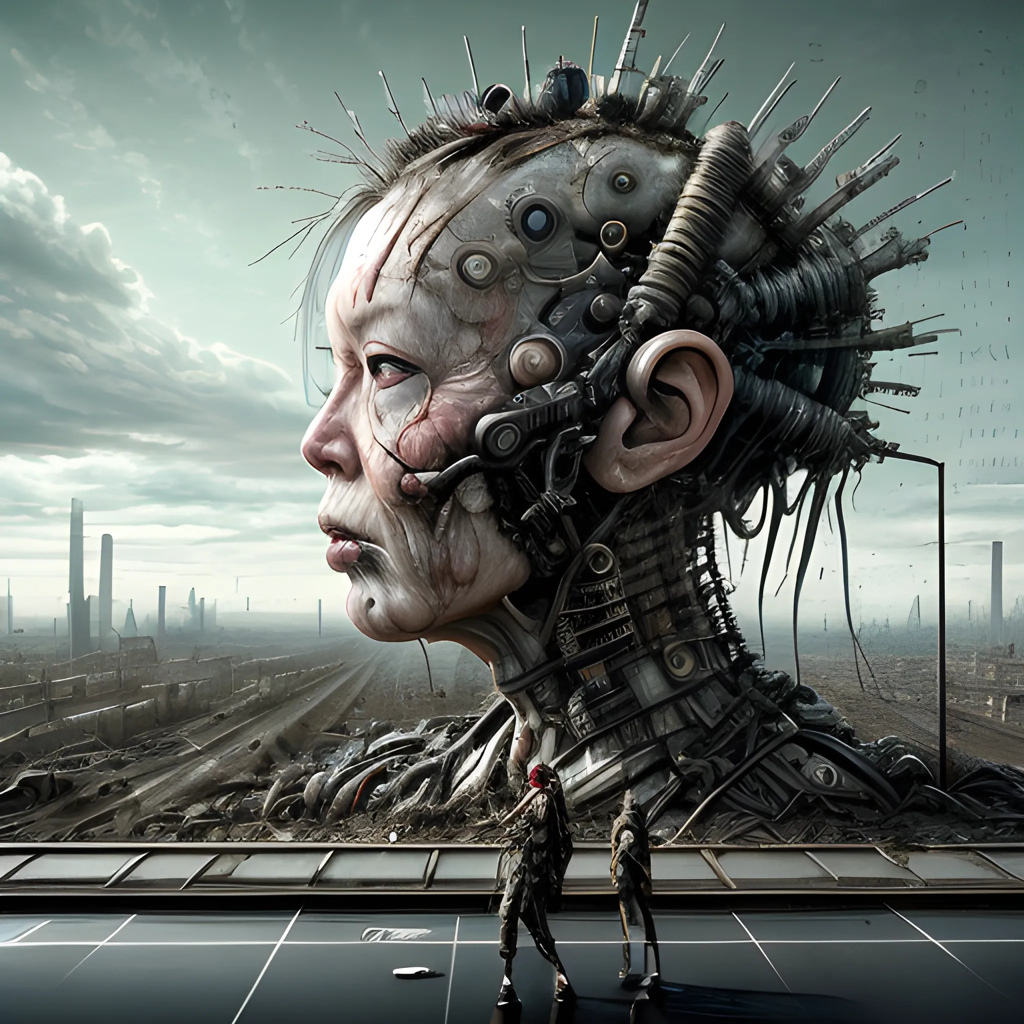 Manabu Ikeda inspired realistic whole body photo of an aged and half-female half-carbon technical-cyborg posing on a wet asphalt in apocalyptic landscape. The camera angle is a wide. Hyper realistic, sharpen details, detailed skin, red sharpen eyes, cinematic, intricate details, (gorgeous face:1. 2), masterpiece, wide angle, post-apocalypticpunk, dystopian, microscopic, high quality, detailed, masterpiece, best quality, highres, extremely detailed, (8k),