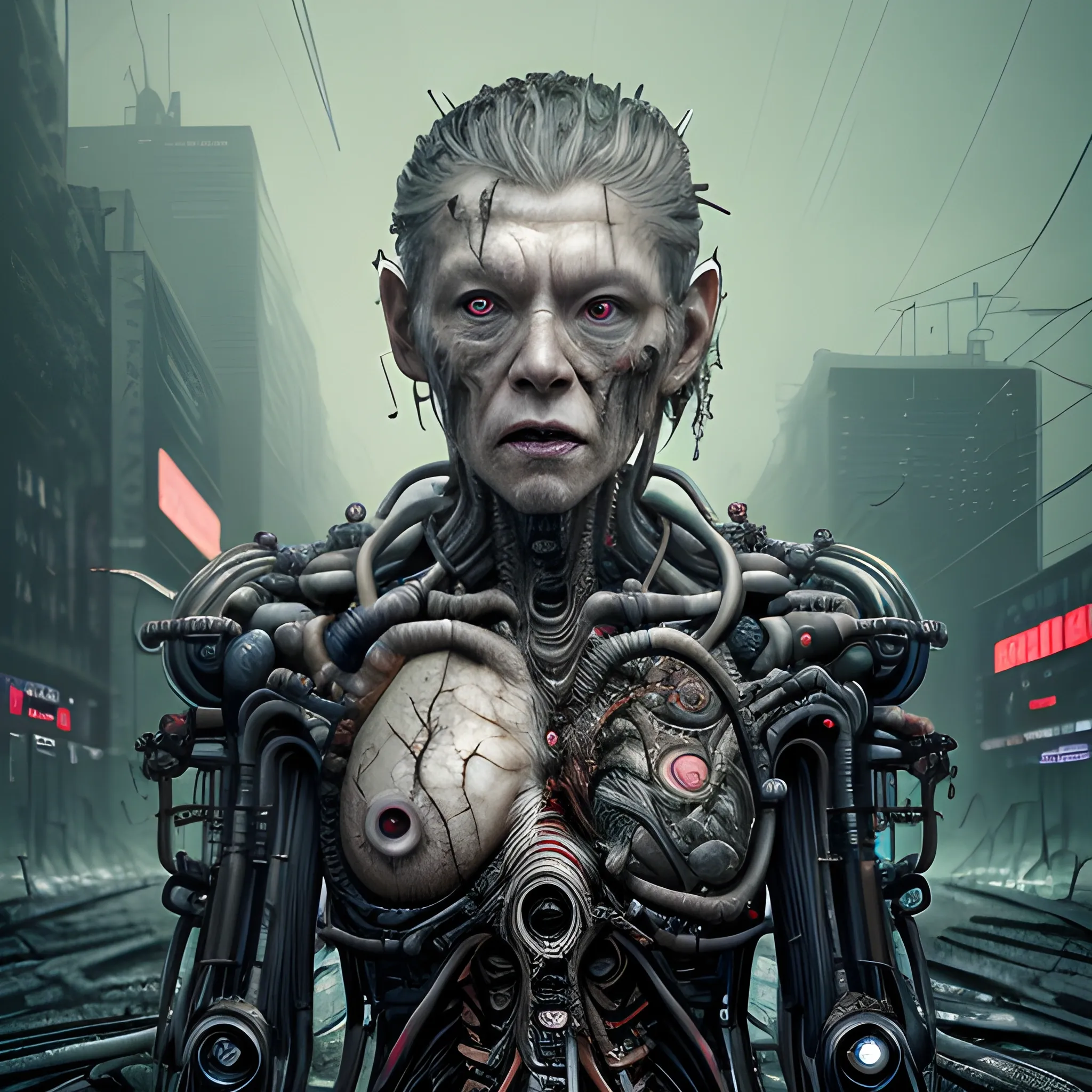 Manabu Ikeda inspired realistic whole body photo of an aged and half-vampire half-technical cyborg posing on a wet asphalt in apocalyptic landscape. The camera angle is a wide. Hyper realistic, sharpen details, detailed skin, red sharpen eyes, cinematic, intricate details, (gorgeous face:1. 2), masterpiece, wide angle, post-apocalypticpunk, dystopian, microscopic, high quality, detailed, masterpiece, best quality, highres, extremely detailed, (8k), neon tubes.