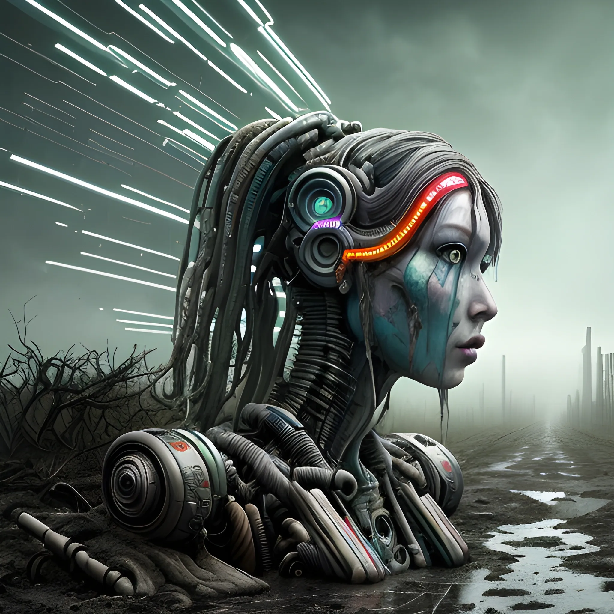 Manabu Ikeda inspired realistic whole body photo of a neon coloured and half-human half-cyborg ancient robot posing on a muddy road in the blade runner inspired landscape. The camera angle is a wide. Hyper realistic, sharpen details, detailed skin, sharpened eyes, cinematic, intricate details, (gorgeous face:1. 2), masterpiece, wide angle, post-apocalypticpunk, dystopian, microscopic, high quality, detailed, masterpiece, best quality, highres, extremely detailed, (8k),