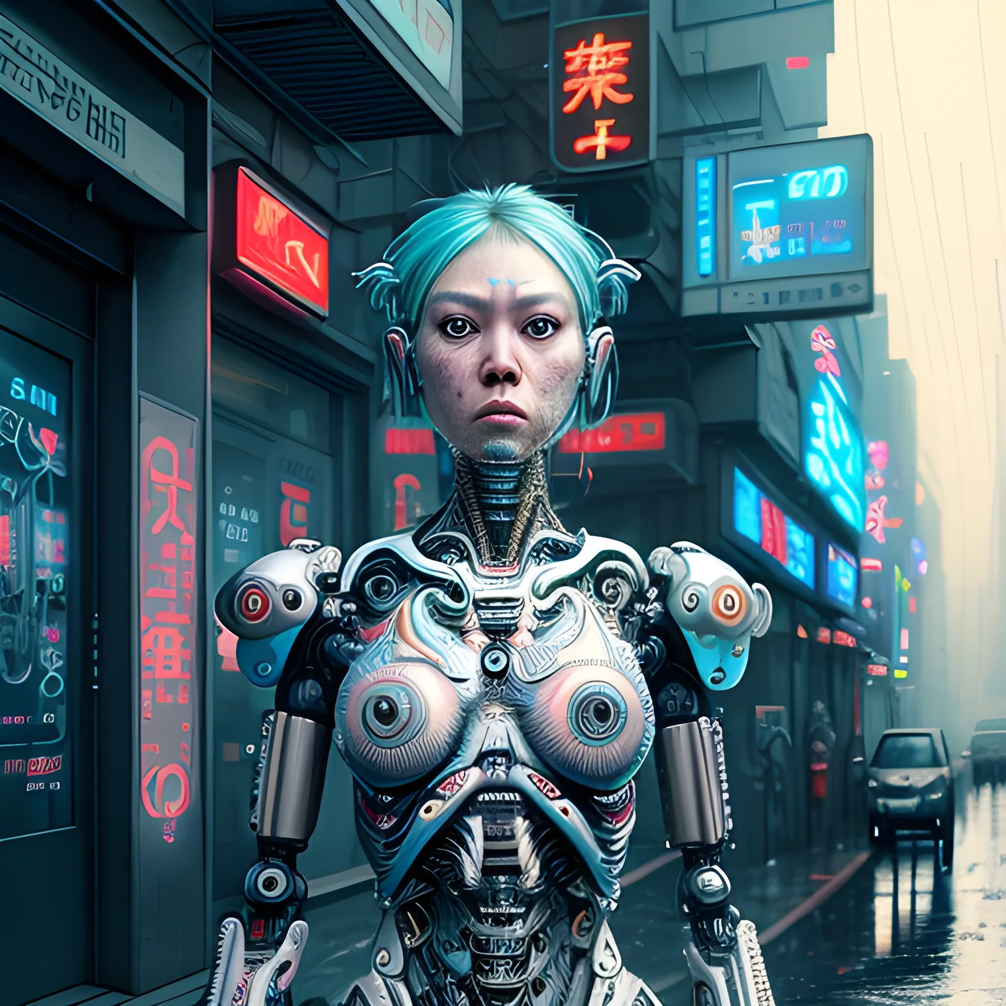 Manabu Ikeda inspired realistic whole body photo of a half-female half-cyborg ancient robot posing on a rainy alley in the neon inspired apocalyptic landscape. The camera angle is a wide. Hyper realistic, sharpen details, detailed skin, sharpened eyes, cinematic, intricate details, (gorgeous face:1. 2), masterpiece, wide angle, dystopian, microscopic, high quality, detailed, masterpiece, best quality, highres, extremely detailed, (8k), neon signs.