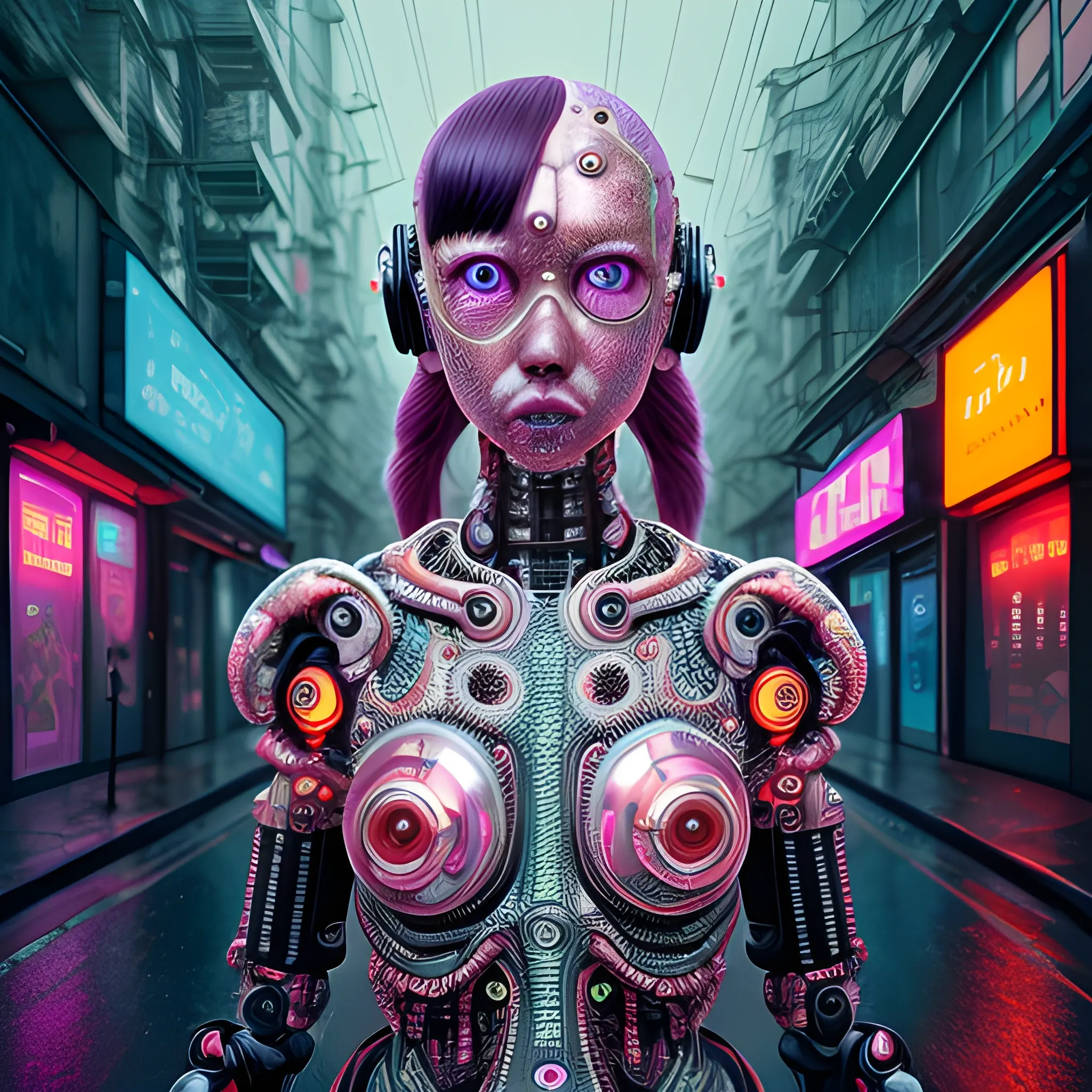 Manabu Ikeda inspired and Yayoi Kusama inspired realistic whole body photo of a half-female half-cyborg ancient robot posing on a rainy alley in the neon inspired apocalyptic landscape. The camera angle is a wide. Hyper realistic, sharpen details, detailed skin, sharpened eyes, cinematic, intricate details, (gorgeous face:1. 2), masterpiece, wide angle, dystopian, microscopic, high quality, detailed, masterpiece, best quality, highres, extremely detailed, (8k), neon signs.