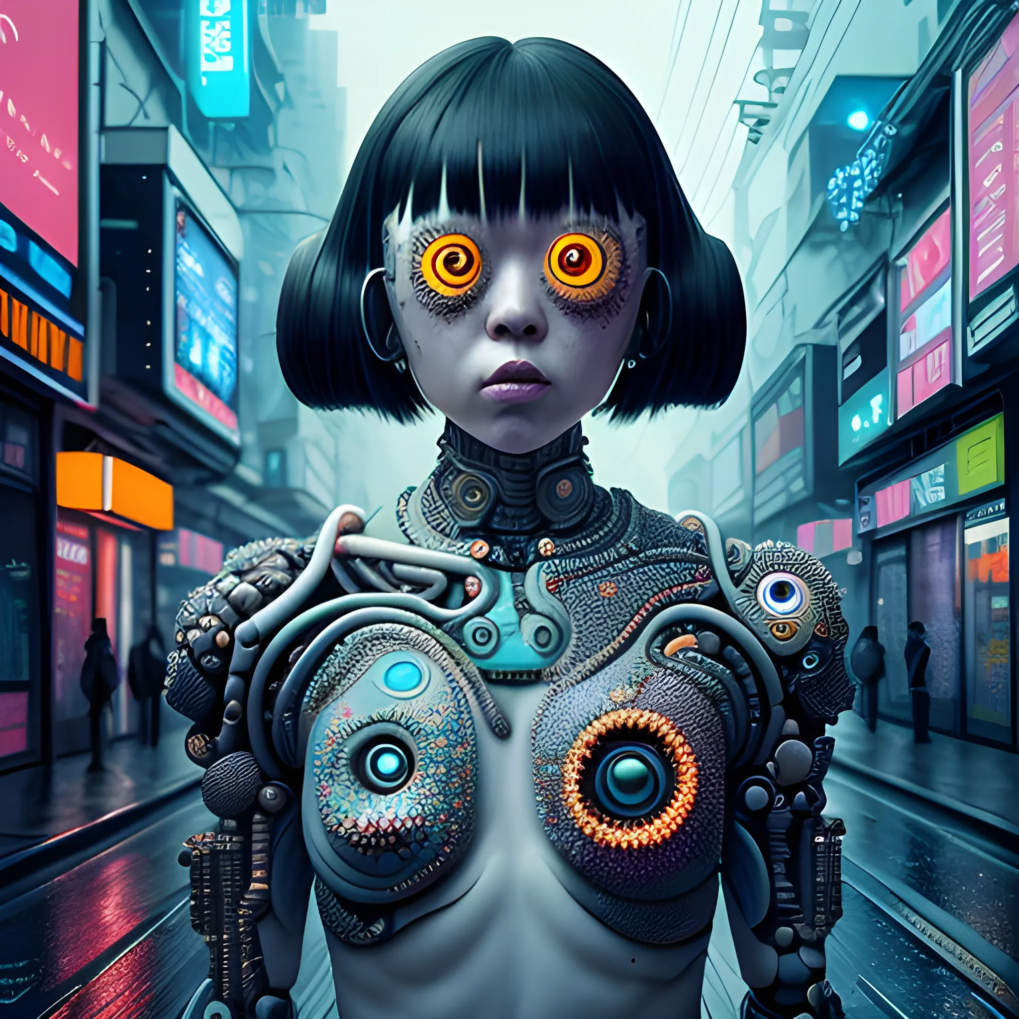 Manabu Ikeda inspired and Yayoi Kusama inspired realistic whole body photo of a half-female half-cyborg ancient robot posing on a rainy alley in the neon inspired apocalyptic landscape. The camera angle is a wide. Hyper realistic, sharpen details, detailed skin, sharpened eyes, cinematic, intricate details, (gorgeous face:1. 2), masterpiece, wide angle, dystopian, microscopic, high quality, detailed, masterpiece, best quality, highres, extremely detailed, (8k), neon signs.