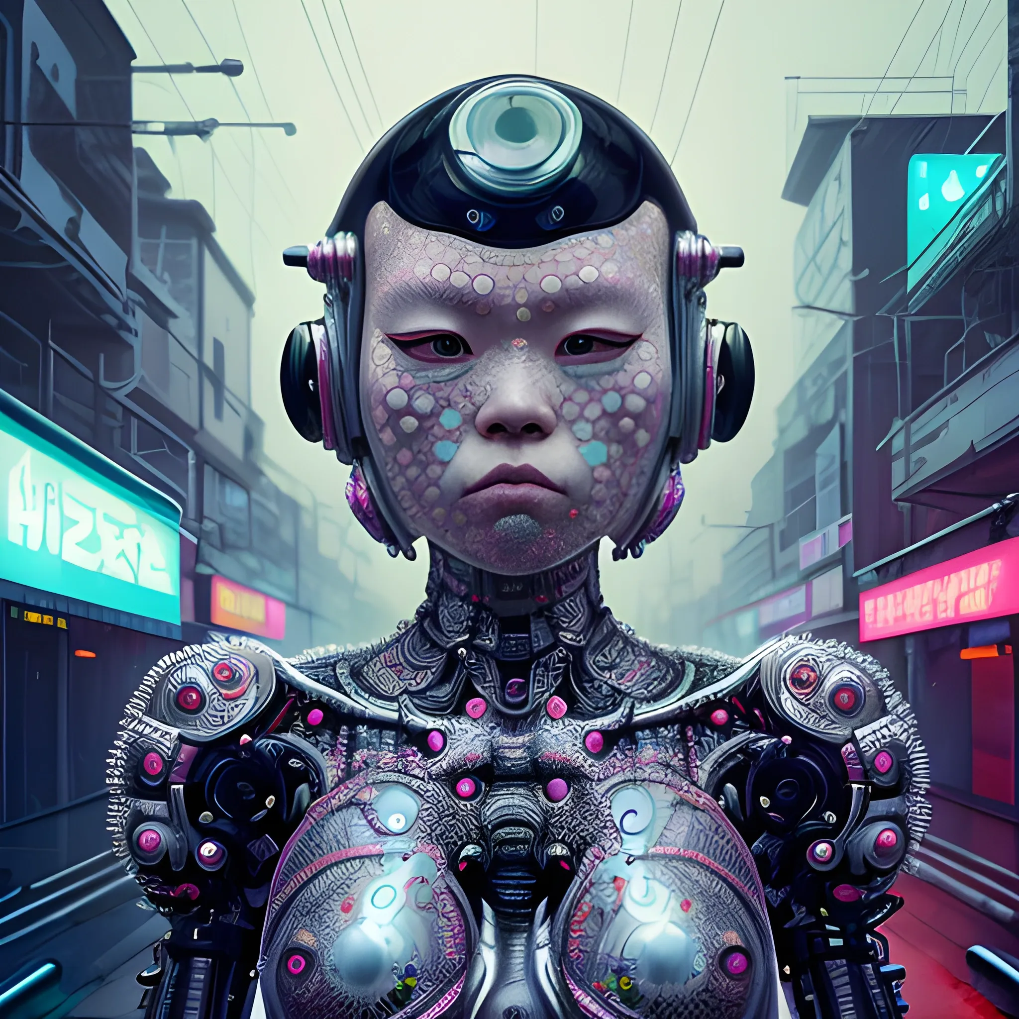 Manabu Ikeda inspired and Yayoi Kusama inspired realistic whole body photo of a half-female half-cyborg ancient robot posing on a rainy alley in the neon inspired apocalyptic landscape. The camera angle is a wide. Hyper realistic, sharpen details, detailed skin, sharpened eyes, cinematic, intricate details, (gorgeous face:1. 2), masterpiece, wide angle, dystopian, microscopic, high quality, detailed, masterpiece, best quality, highres, extremely detailed, (8k), neon signs.