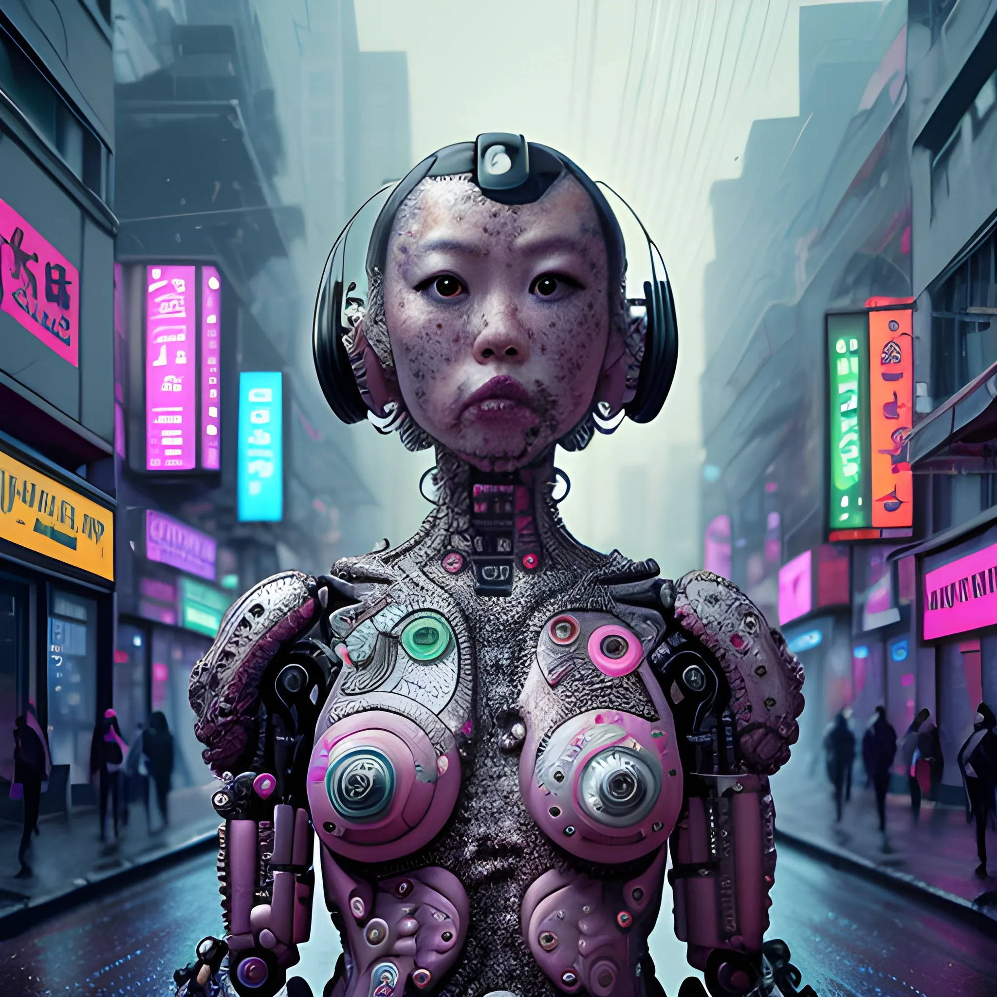 Manabu Ikeda inspired and Yayoi Kusama inspired realistic whole body photo of a half-female half-cyborg ancient robot posing on a rainy alley in the neon inspired apocalyptic landscape. The camera angle is a wide. Hyper realistic, sharpen details, detailed skin, sharpened eyes, cinematic, intricate details, (gorgeous face:1. 2), masterpiece, wide angle, dystopian, microscopic, high quality, detailed, masterpiece, best quality, highres, extremely detailed, (8k), neon signs.