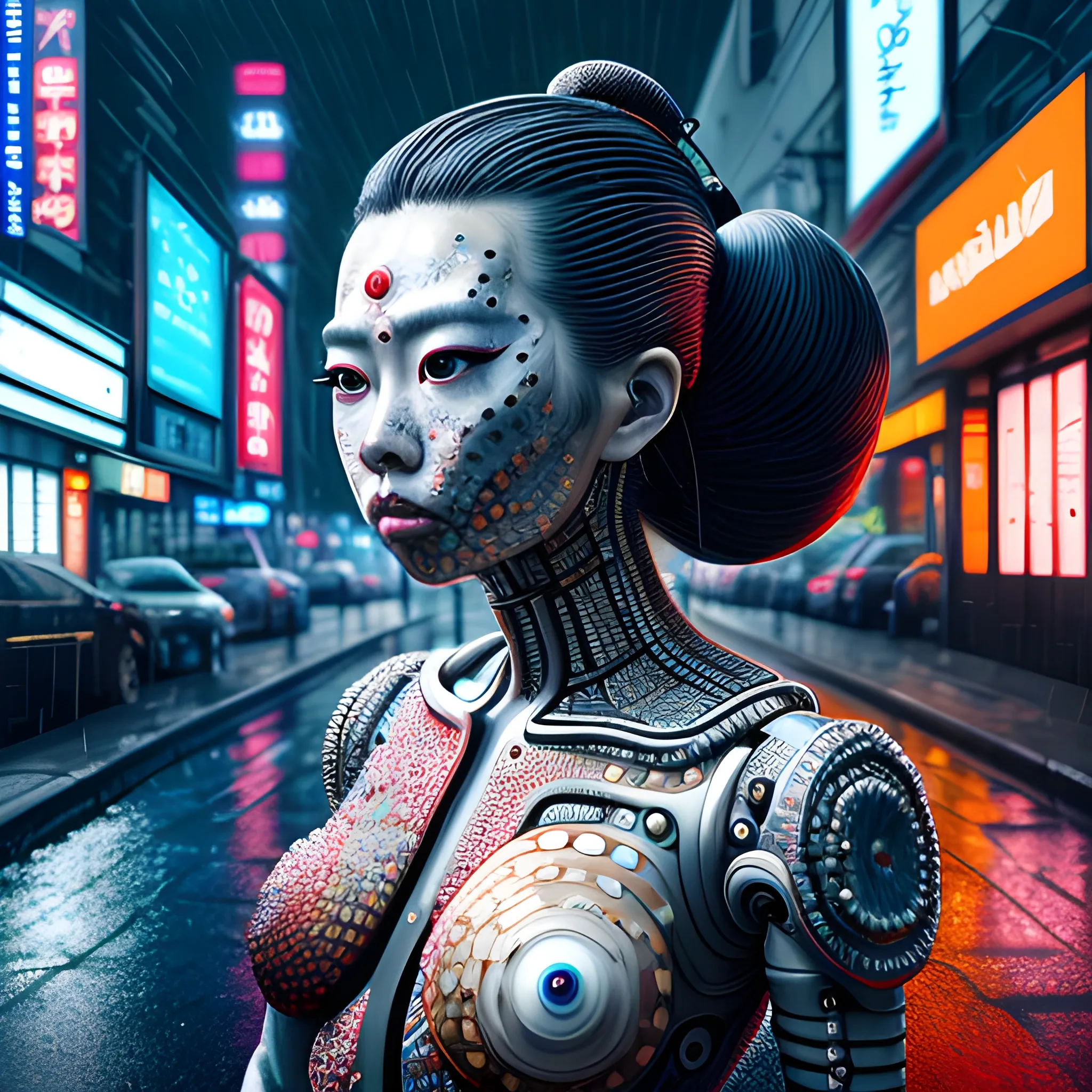 Manabu Ikeda inspired and Yayoi Kusama inspired realistic whole body photo of a half-geisha half-cyborg ancient robot posing on a rainy alley in the neon inspired apocalyptic landscape. The camera angle is a wide. Hyper realistic, sharpen details, detailed skin, sharpened eyes, cinematic, intricate details, (gorgeous face:1. 2), masterpiece, half-side angle, dystopian, microscopic, night, high quality, detailed, masterpiece, best quality, highres, extremely detailed, (8k), neon signs.