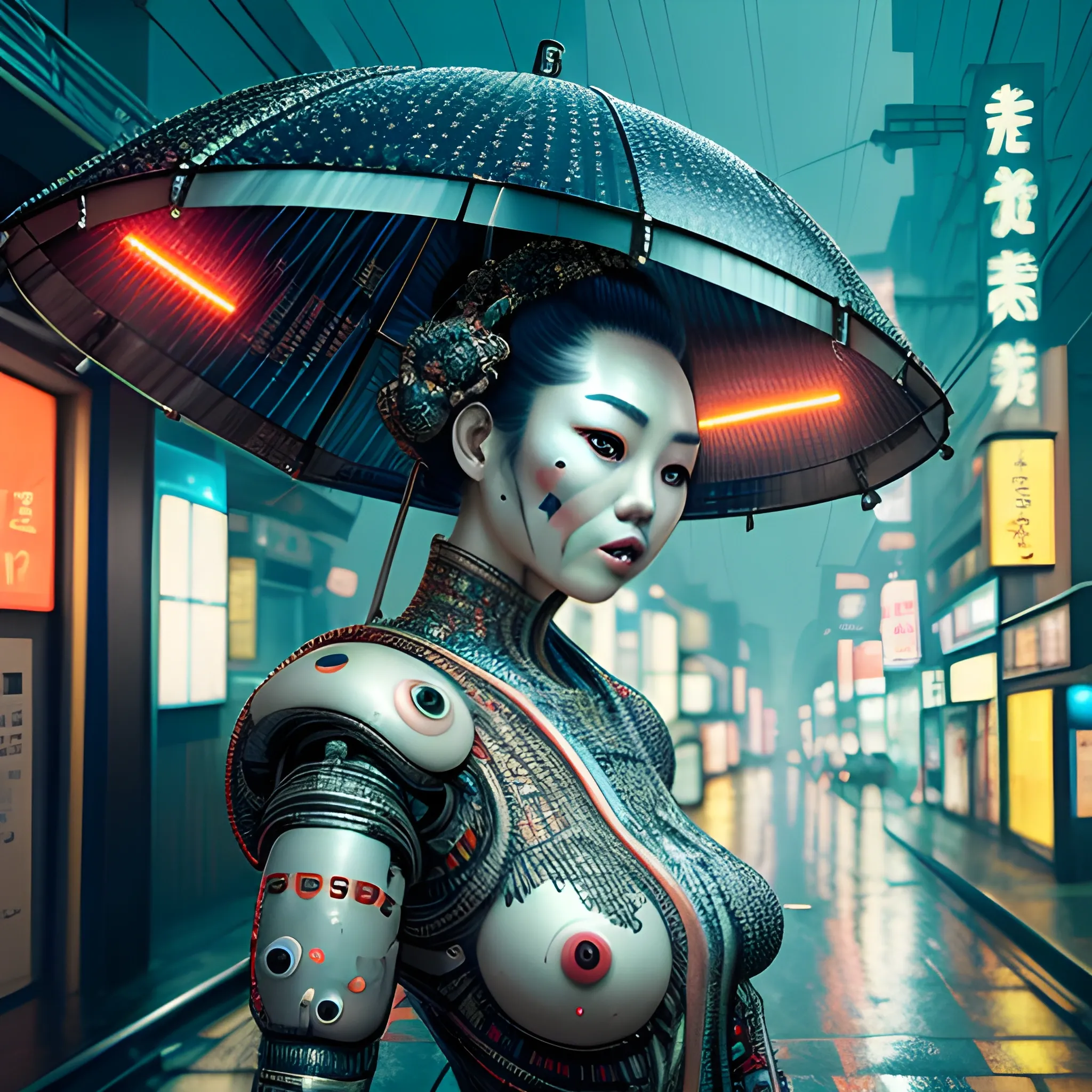 Manabu Ikeda inspired and Yayoi Kusama inspired realistic whole body photo of a half-geisha half-mummy ancient robot posing on a rainy alley in the Blade runner inspired post-future landscape. The camera angle is a wide. Hyper realistic, sharpen details, detailed skin, sharpened eyes, cinematic, intricate details, (gorgeous face:1. 2), masterpiece, half-side angle, dystopian, microscopic, night, high quality, detailed, masterpiece, best quality, highres, extremely detailed, (8k), neon signs.