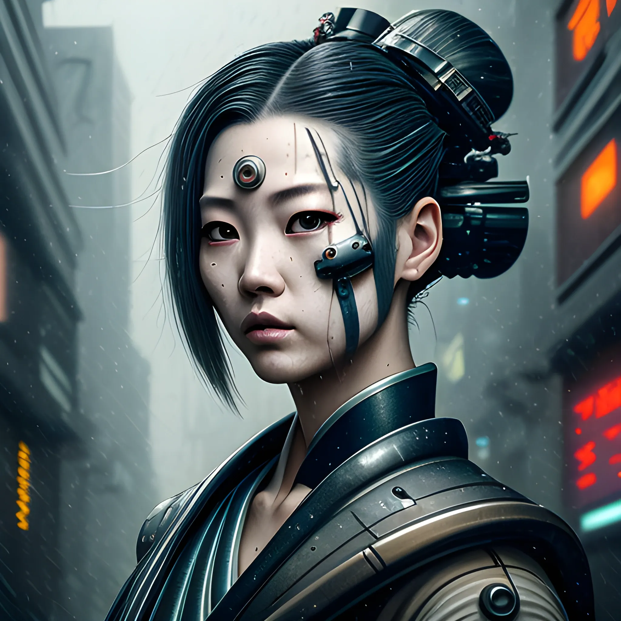 Manabu Ikeda inspired realistic half body photo of a half-female half-cyborg ancient geisha posing on a rainy alley in the Blade runner inspired post-future landscape. The camera angle is a wide. Hyper realistic, sharpen details, detailed skin, sharpened eyes, cinematic, intricate details, (gorgeous face:1. 2), masterpiece, half-side angle, dystopian, microscopic, night, high quality, detailed, masterpiece, best quality, highres, extremely detailed, (8k),