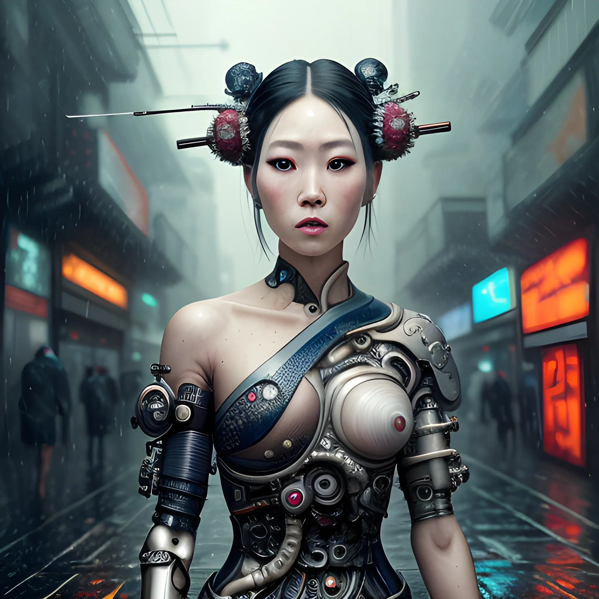 Manabu Ikeda inspired realistic whole body photo of a half-female half-cyborg ancient geisha posing on a rainy alley in the Blade runner inspired post-future landscape. The camera angle is a wide. Hyper realistic, sharpen details, detailed skin, sharpened eyes, cinematic, intricate details, (gorgeous face:1. 2), masterpiece, half-side angle, dystopian, microscopic, night, high quality, detailed, masterpiece, best quality, highres, extremely detailed, (8k), princess, jewels.