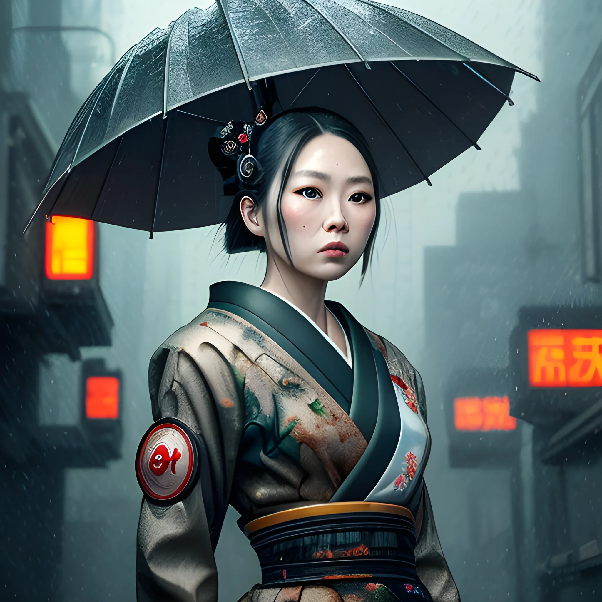 Manabu Ikeda inspired realistic whole body photo of a half-female half-machine rusty geisha posing on a rainy alley in the Blade runner inspired post-future landscape. The camera angle is a wide. Hyper realistic, sharpen details, detailed skin, sharpened eyes, cinematic, intricate details, (gorgeous face:1. 2), masterpiece, half-side angle, dystopian, microscopic, night, high quality, detailed, masterpiece, best quality, highres, extremely detailed, (8k), glass shreds.