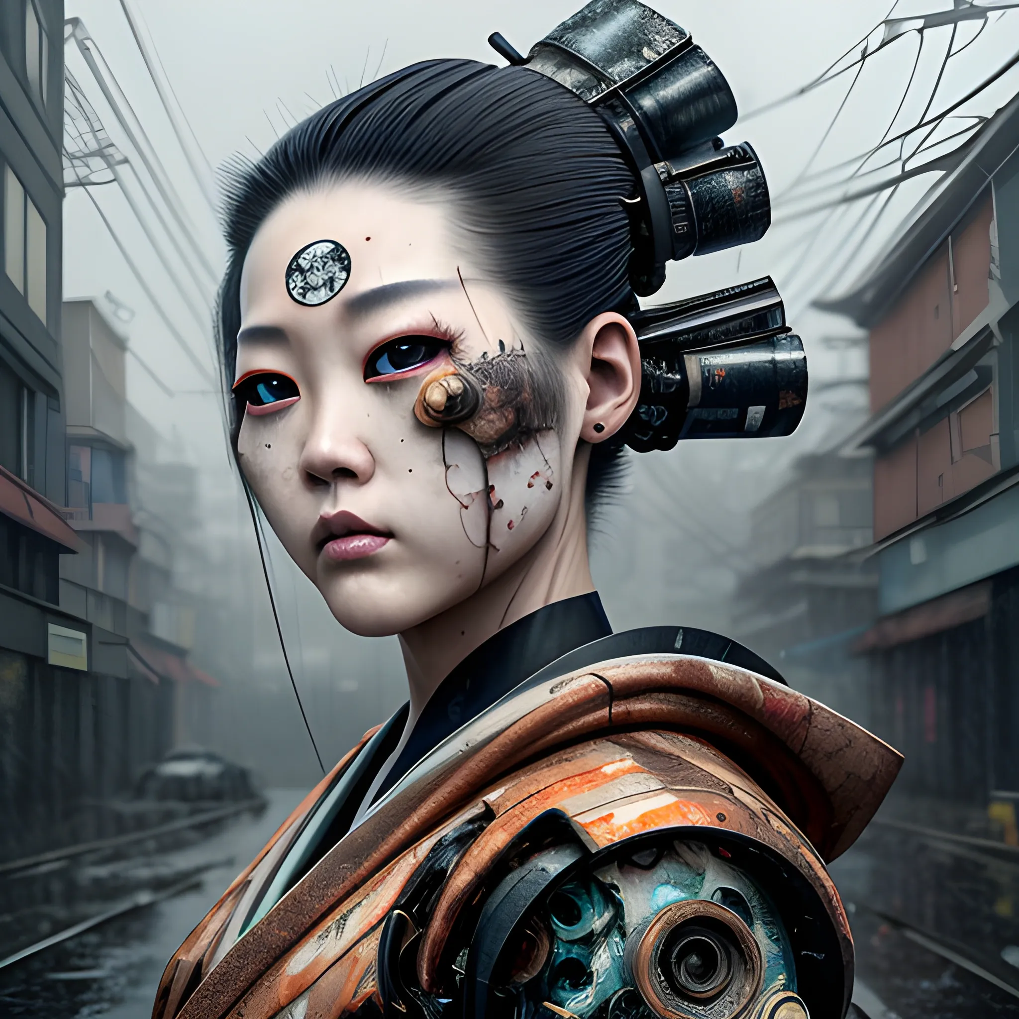 Manabu Ikeda inspired realistic whole body photo of a half-female half-machine rusty geisha posing on a rainy alley in the scrapyard and futuristic landscape. The camera angle is a wide. Hyper realistic, sharpen details, detailed skin, sharpened eyes, cinematic, intricate details, (gorgeous face:1. 2), masterpiece, half-side angle, dystopian, microscopic, night, high quality, detailed, masterpiece, best quality, highres, extremely detailed, (8k), 