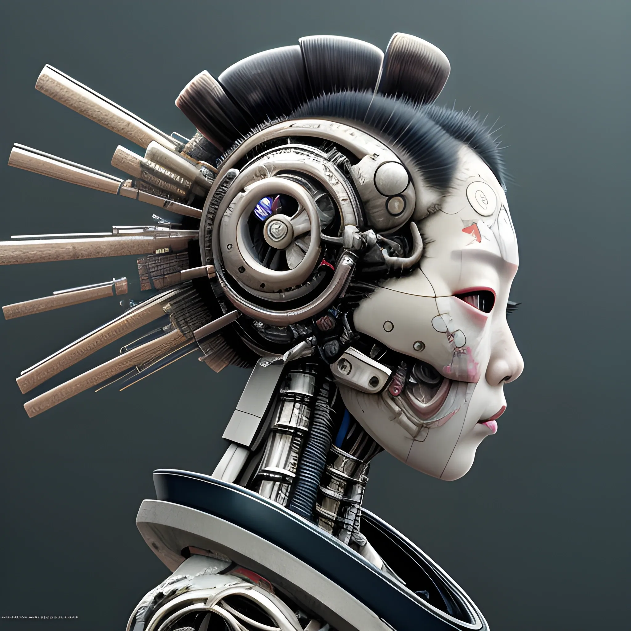 Manabu Ikeda inspired realistic whole body photo of a half-female half-aged-robot geisha posing on a rainy scrapyard ready for fight. Her face is partly shiny metal. The camera angle is a wide. Hyper realistic, sharpen details, detailed skin, sharpened eyes, cinematic, intricate details, (gorgeous face:1. 2), masterpiece, half-side angle, dystopian, microscopic, night, high quality, detailed, masterpiece, best quality, highres, extremely detailed, (8k), 