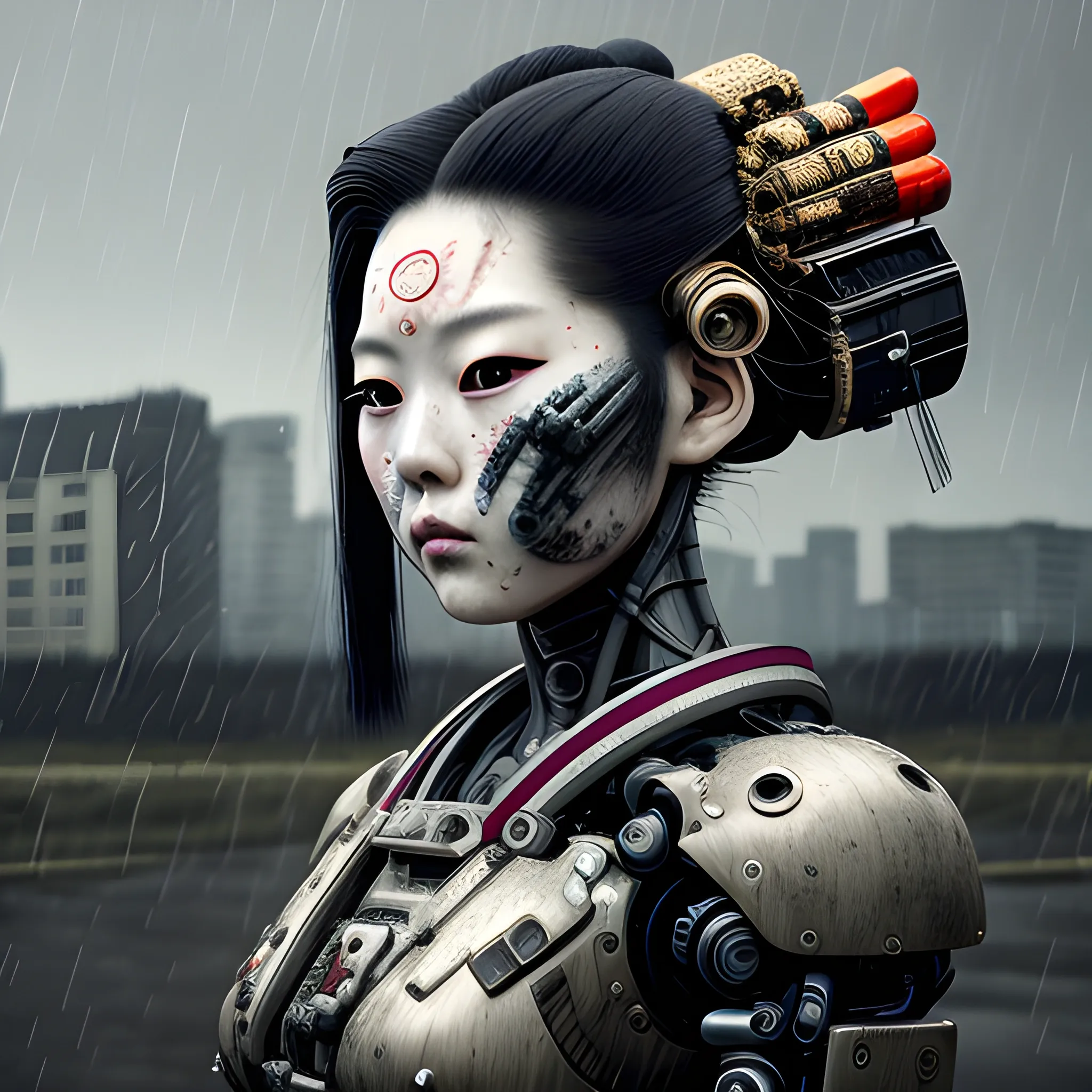 Manabu Ikeda inspired realistic whole body photo of a half-female half-aged-robot geisha posing on a rainy graveyard ready for a battle. Her face is partly black metal. The camera angle is a wide. Hyper realistic, sharpen details, detailed skin, sharpened eyes, cinematic, intricate details, (gorgeous face:1. 2), masterpiece, half-side angle, dystopian, microscopic, night, high quality, detailed, masterpiece, best quality, highres, extremely detailed, (8k), 