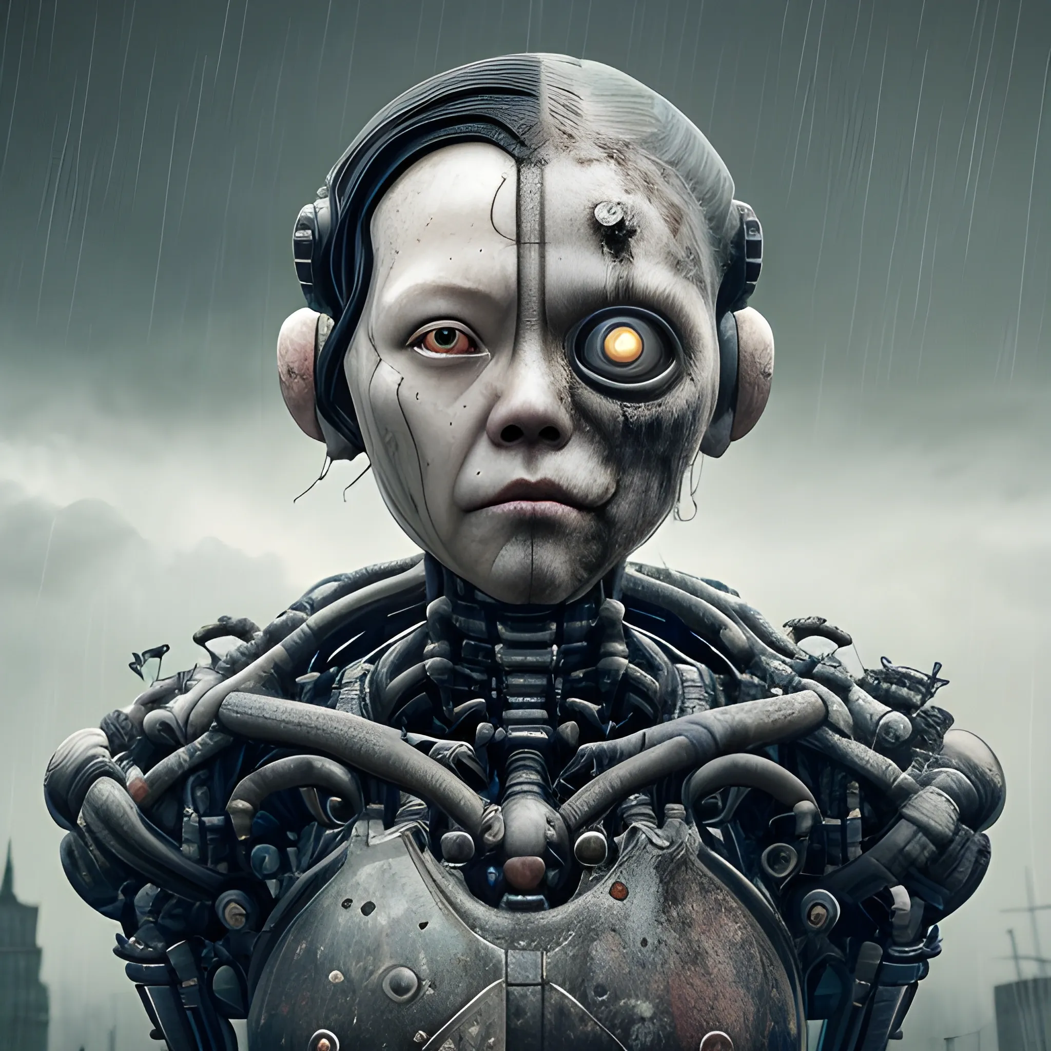 Manabu Ikeda inspired realistic whole body photo of a half-female half-aged-robot cleaner lady posing on a rainy graveyard ready for a battle. Her face is partly black metal. The camera angle is a wide. Hyper realistic, sharpen details, detailed skin, sharpened eyes, cinematic, intricate details, (gorgeous face:1. 2), masterpiece, half-side angle, dystopian, microscopic, night, high quality, detailed, masterpiece, best quality, highres, extremely detailed, (8k), 