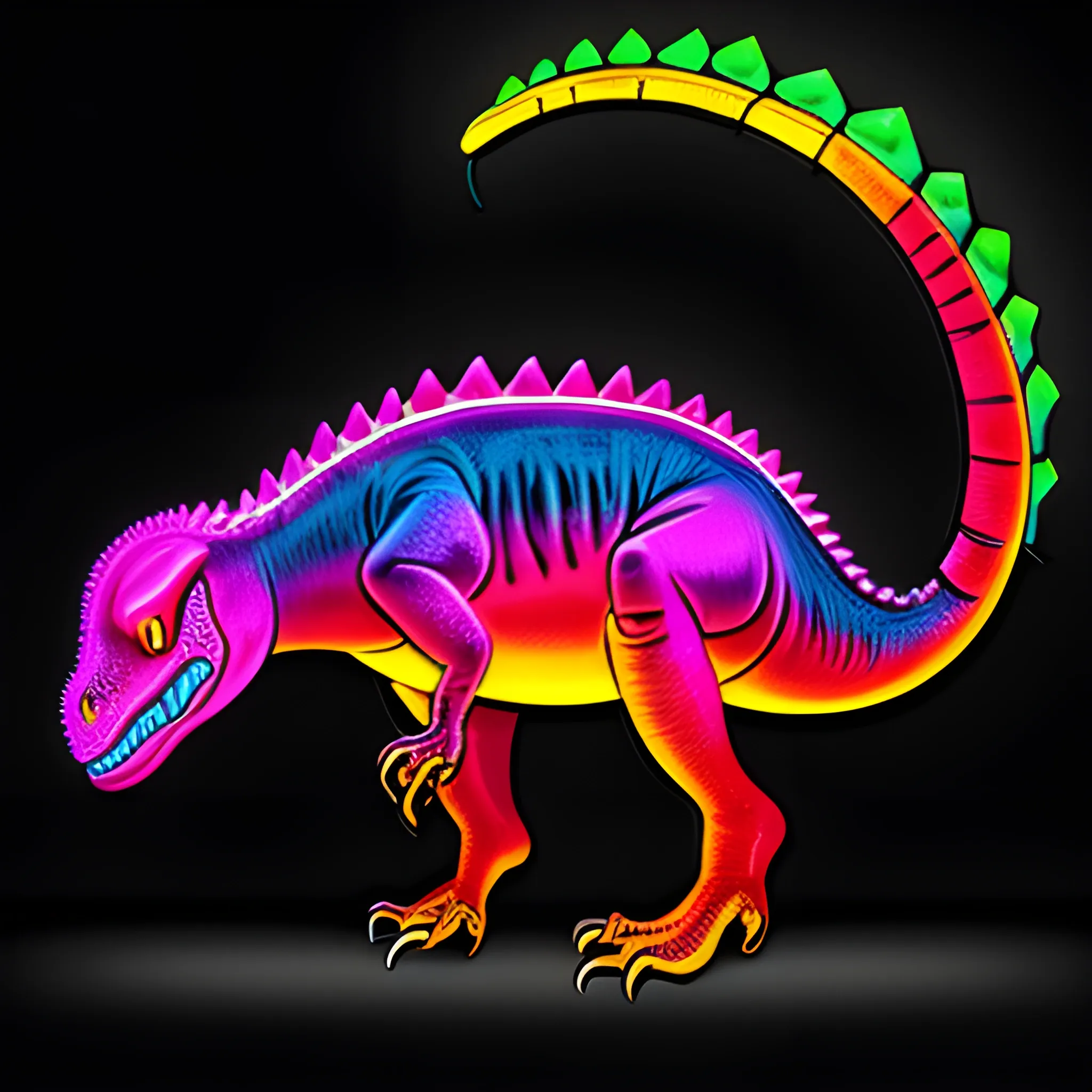 A realistic colorful neon dinosaur with a black background 
