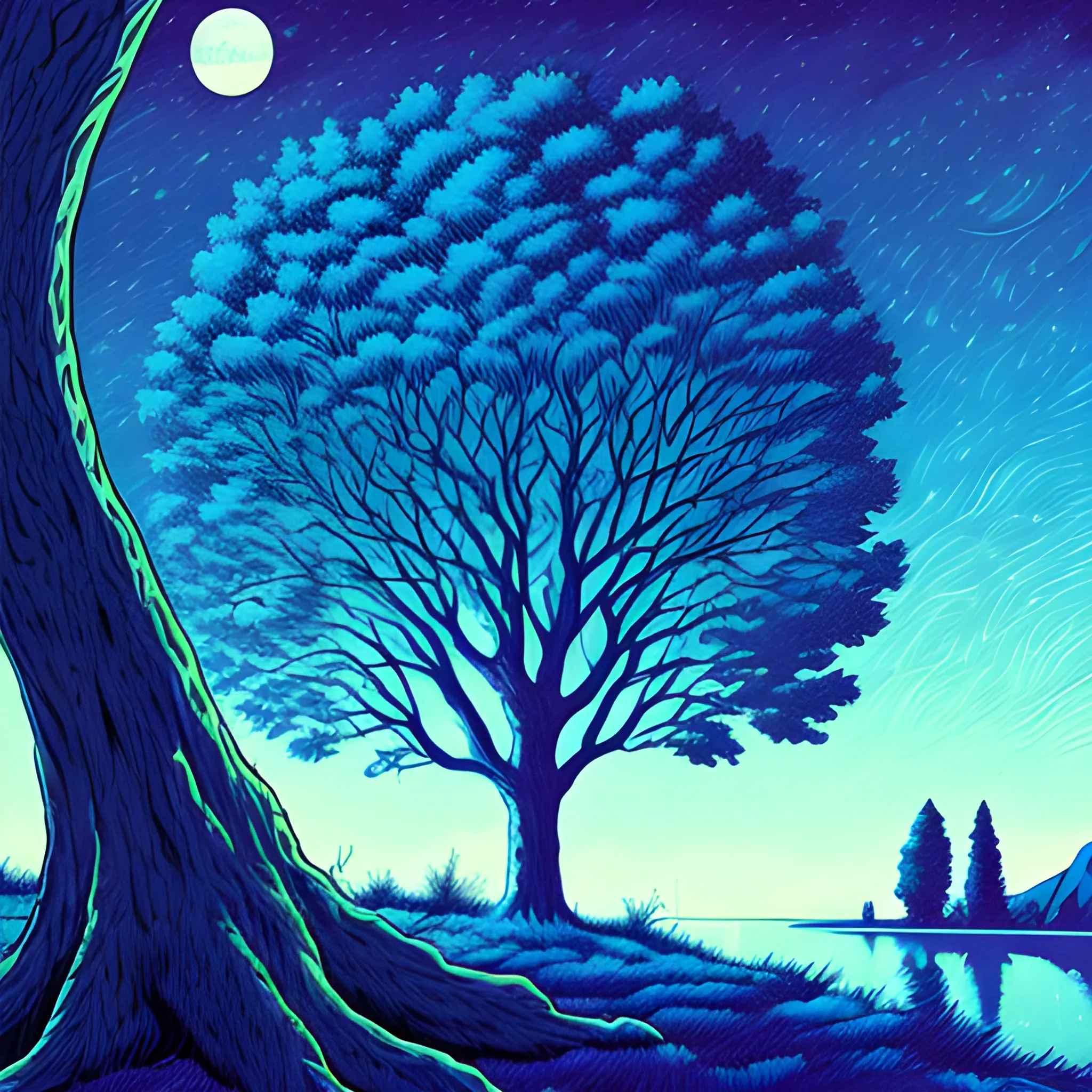 High detail, comic book style illustration, blue landscape scene with a tree under the moonlight, surreal style