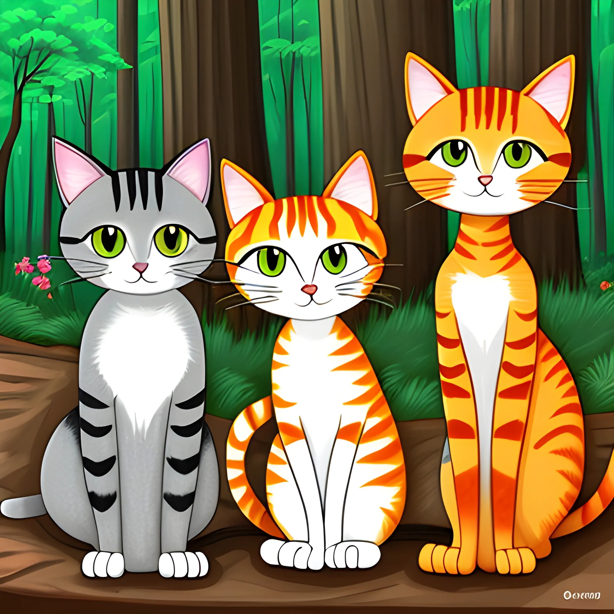 Three cartoon cats in the forest