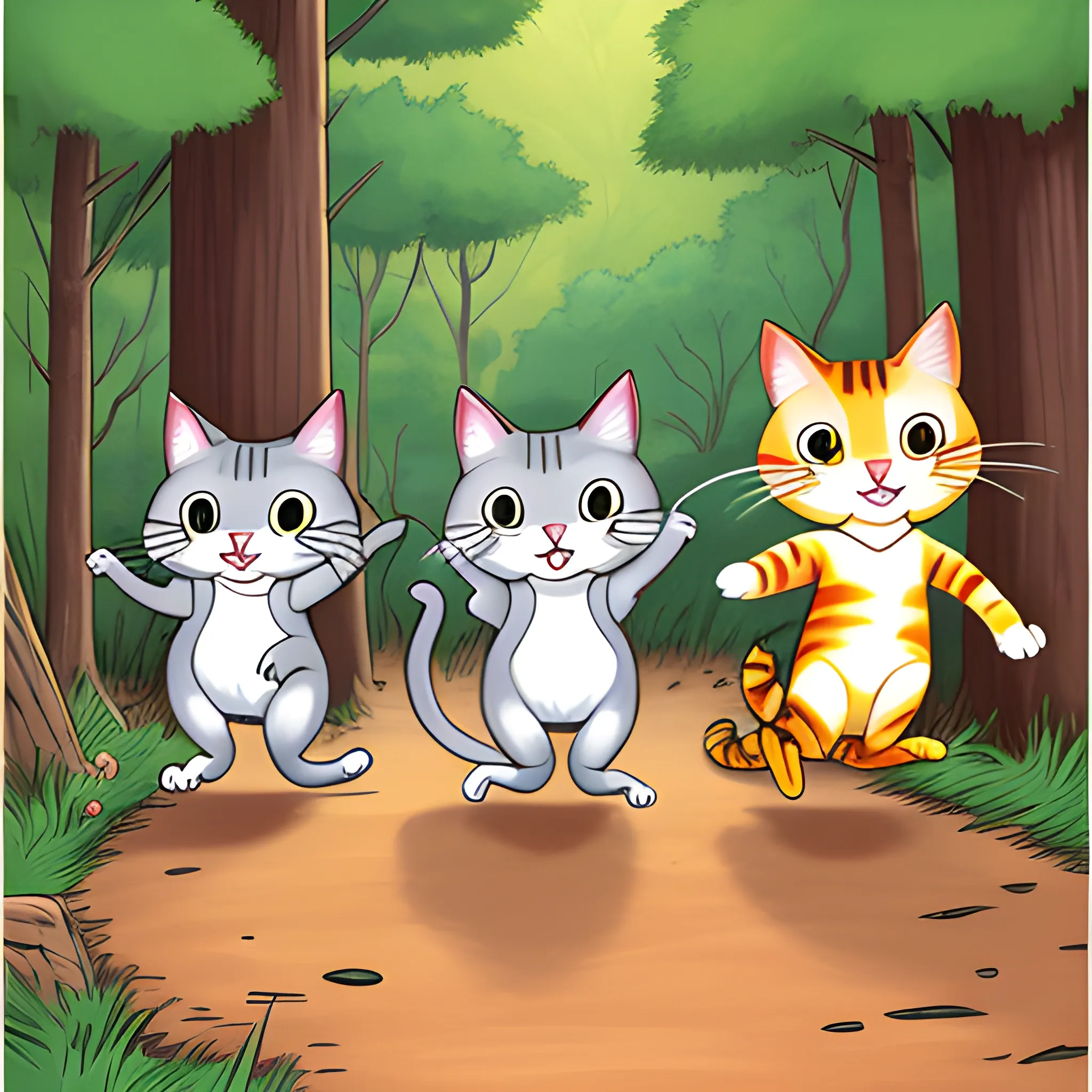 Three cartoon cats in the forest, chasing after mischievous mice.