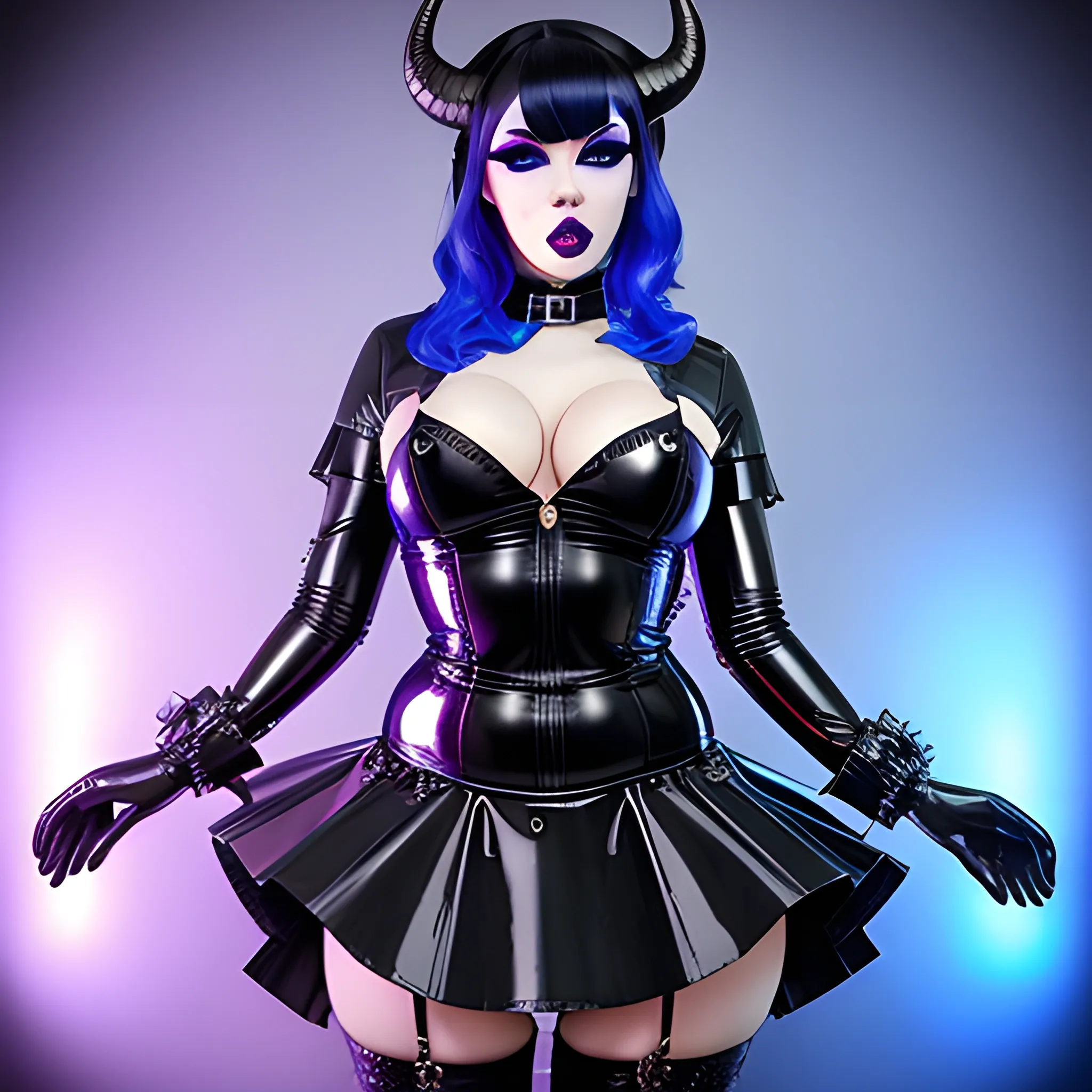 latex skirt, latex choker, latex boots, cleavage, 
20, controlling, realistic, orgasm, black lipstick, black eye liner, wavy black and blue hair, hypnotizing you, asian, thighs, latex gloves, beautiful, assimilation, whip, evil, horns, owns, blue demon, dominant, dungeon, realistic


