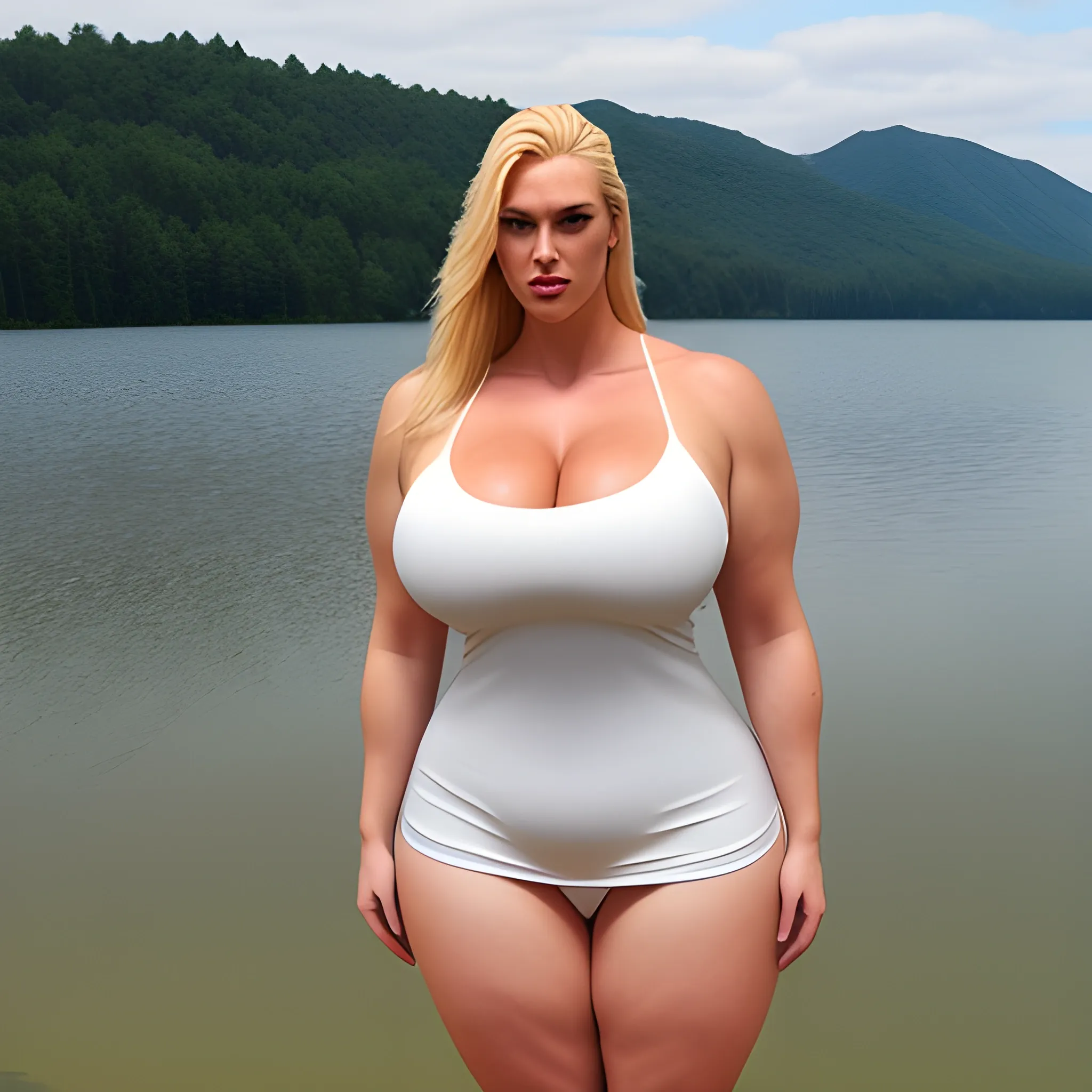 very tall plus size muscular blonde girl in tight white dress to 