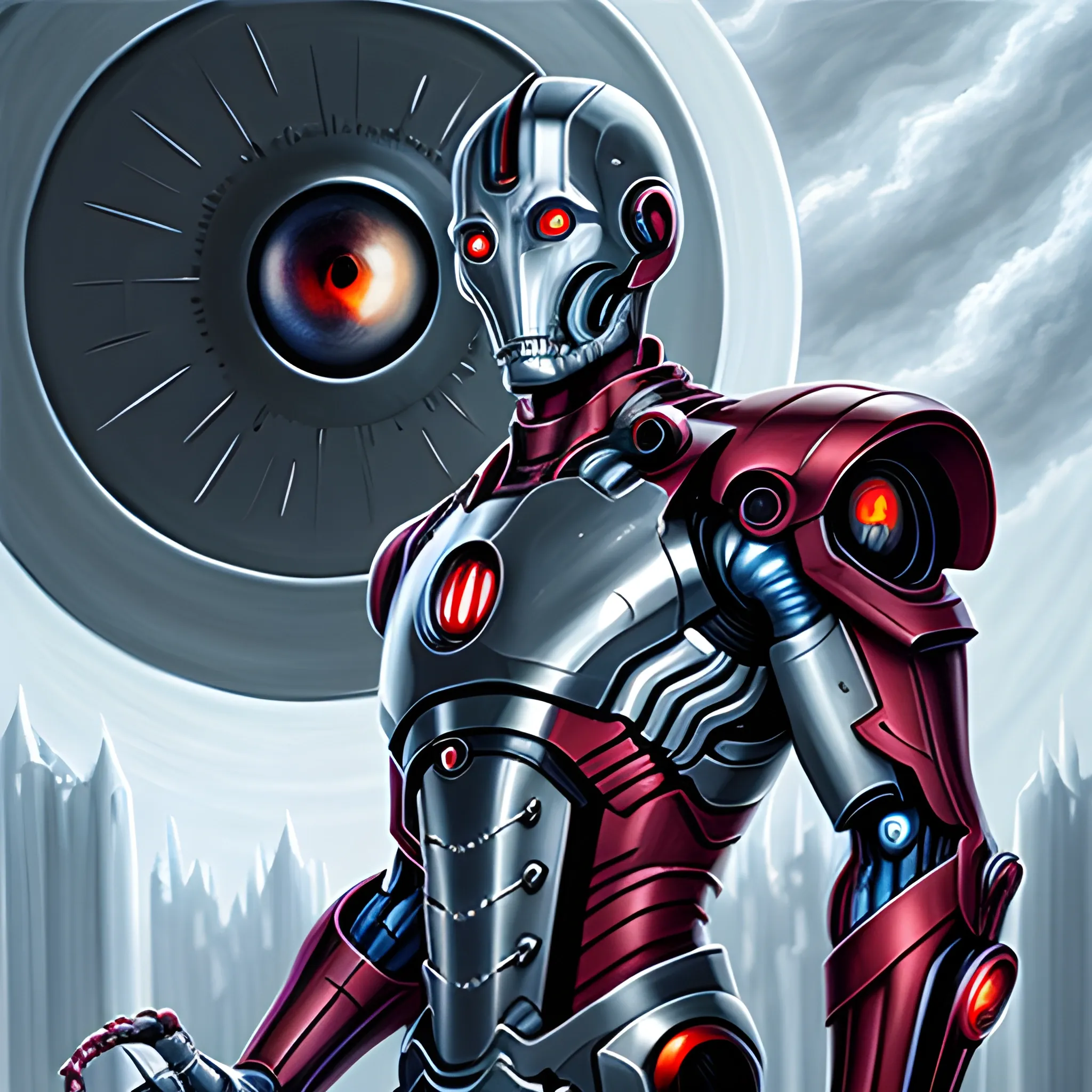 Ultron, Holding the One Ring, the Eye of Sauron in the background, Oil Painting