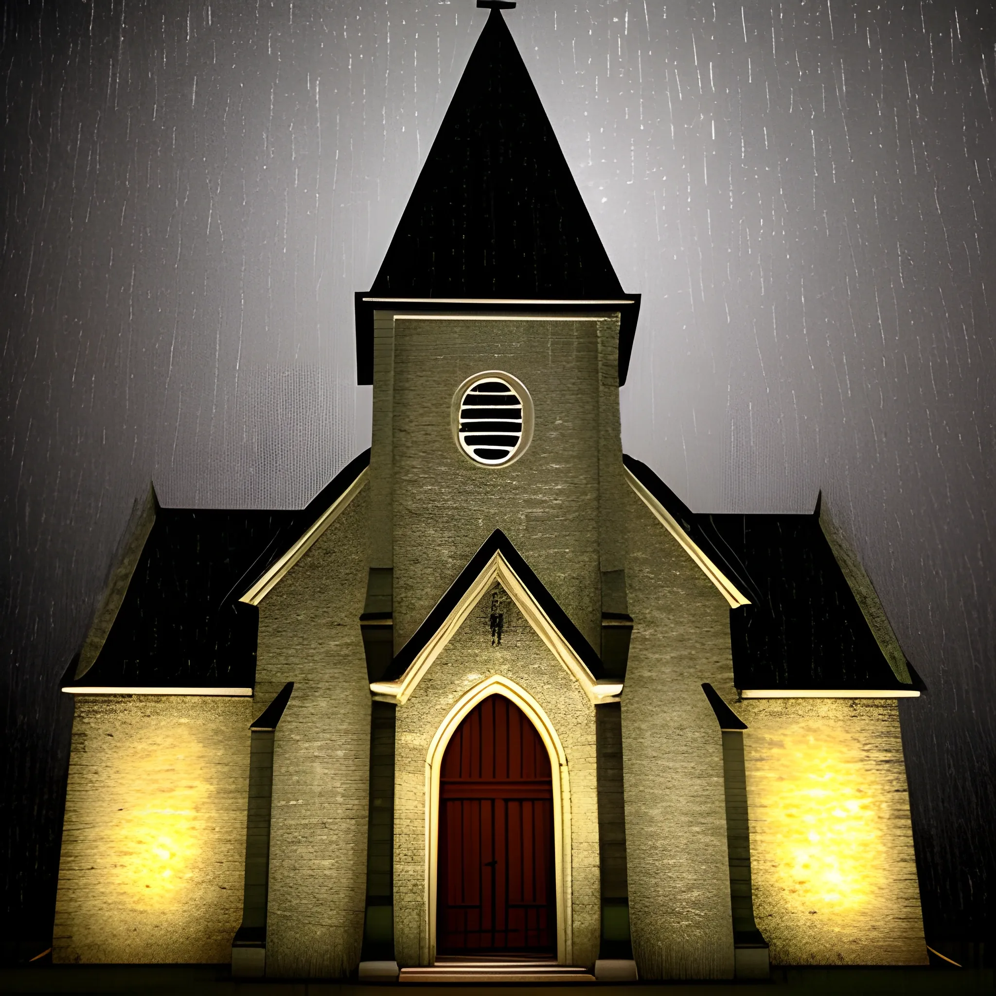 , 3D an old church at night, heavy rain is falling