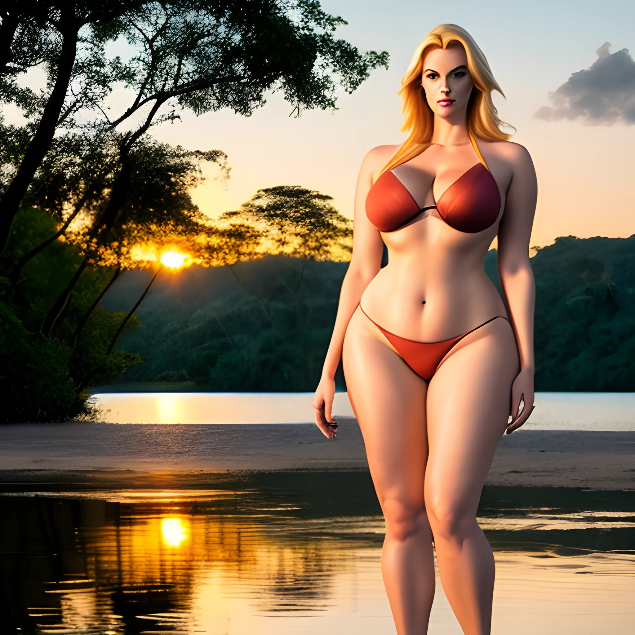 very tall blonde girl, a little plus size, with slim hips, stron