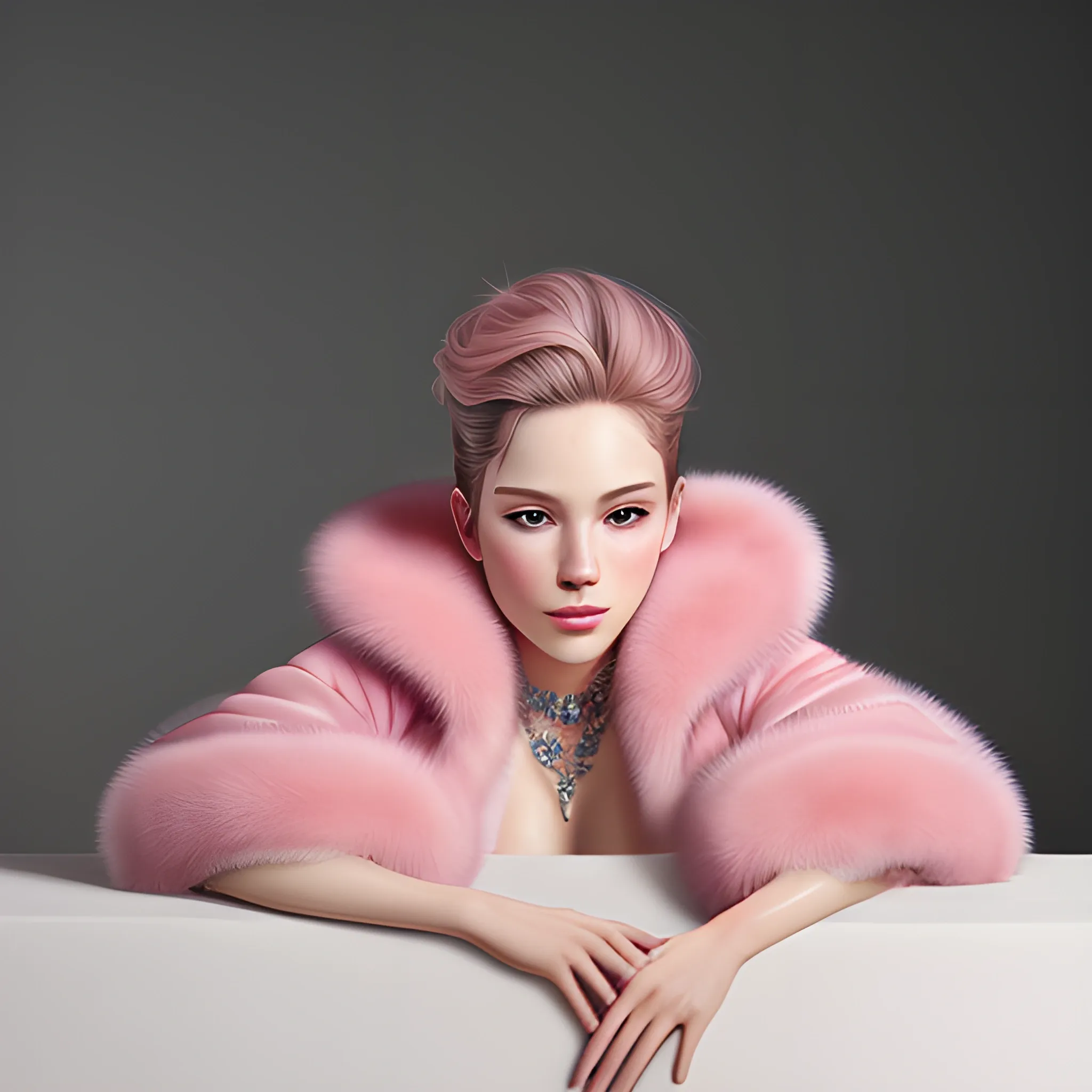 best quality, masterpiece, ultra high res, photorealistic, detailed skin, pink fur coat, lounging
