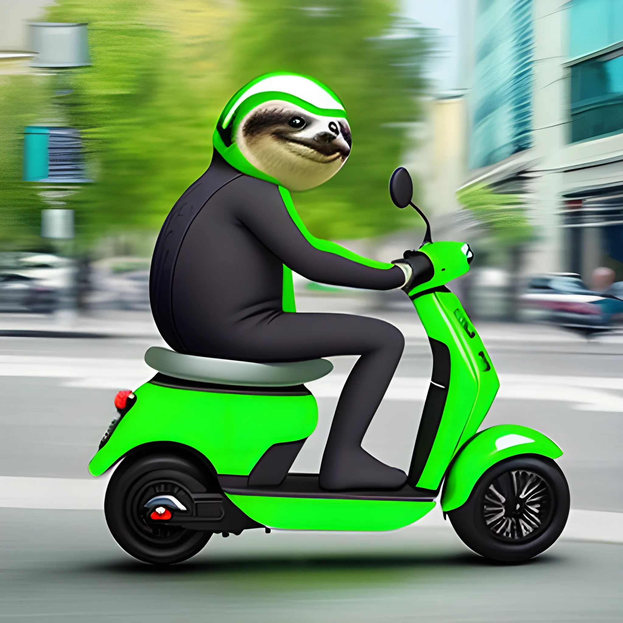 A green sloth riding a cool electric scooter, wearing a stylish helmet.