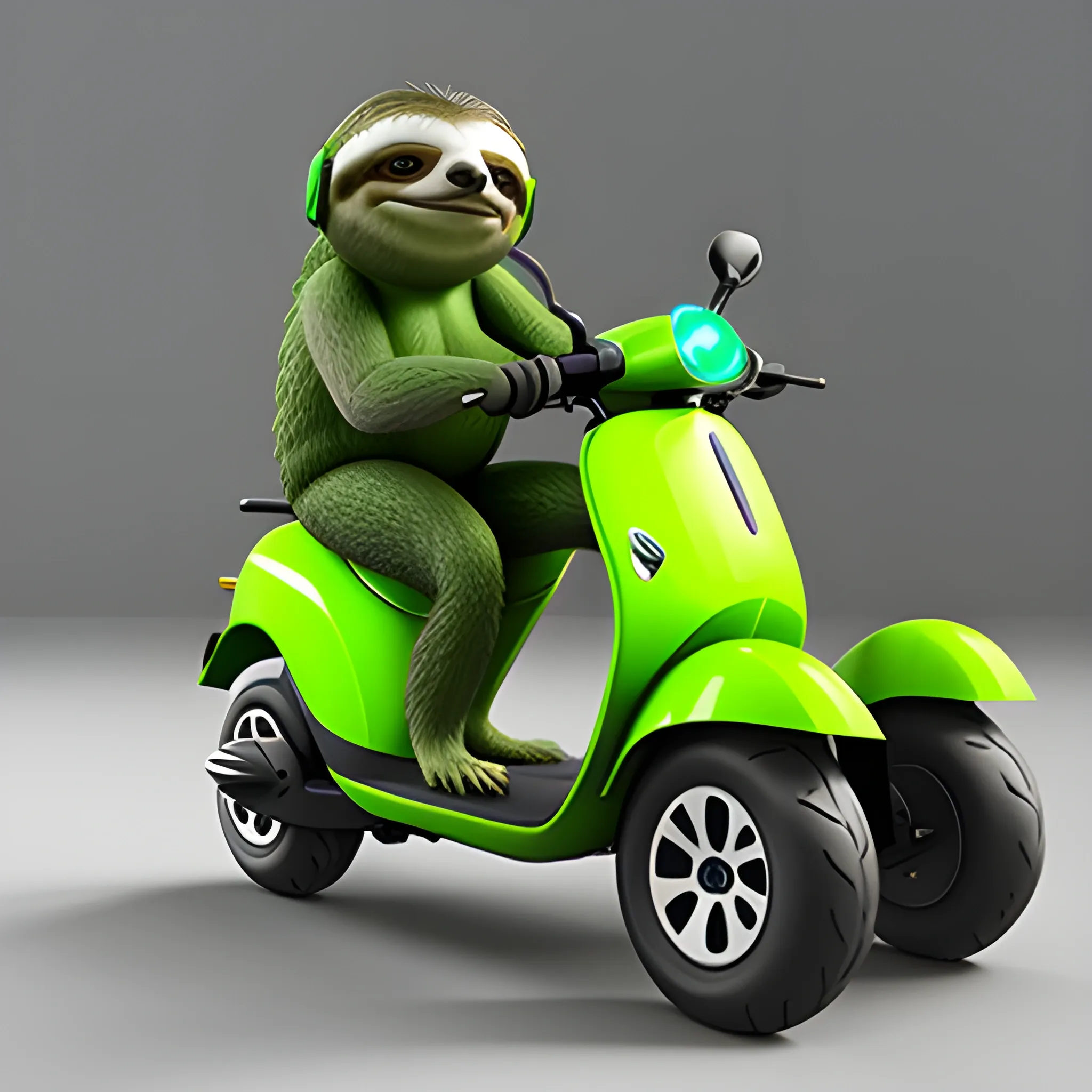 A green sloth riding a cool electric scooter, wearing a stylish helmet., 3D，Realism