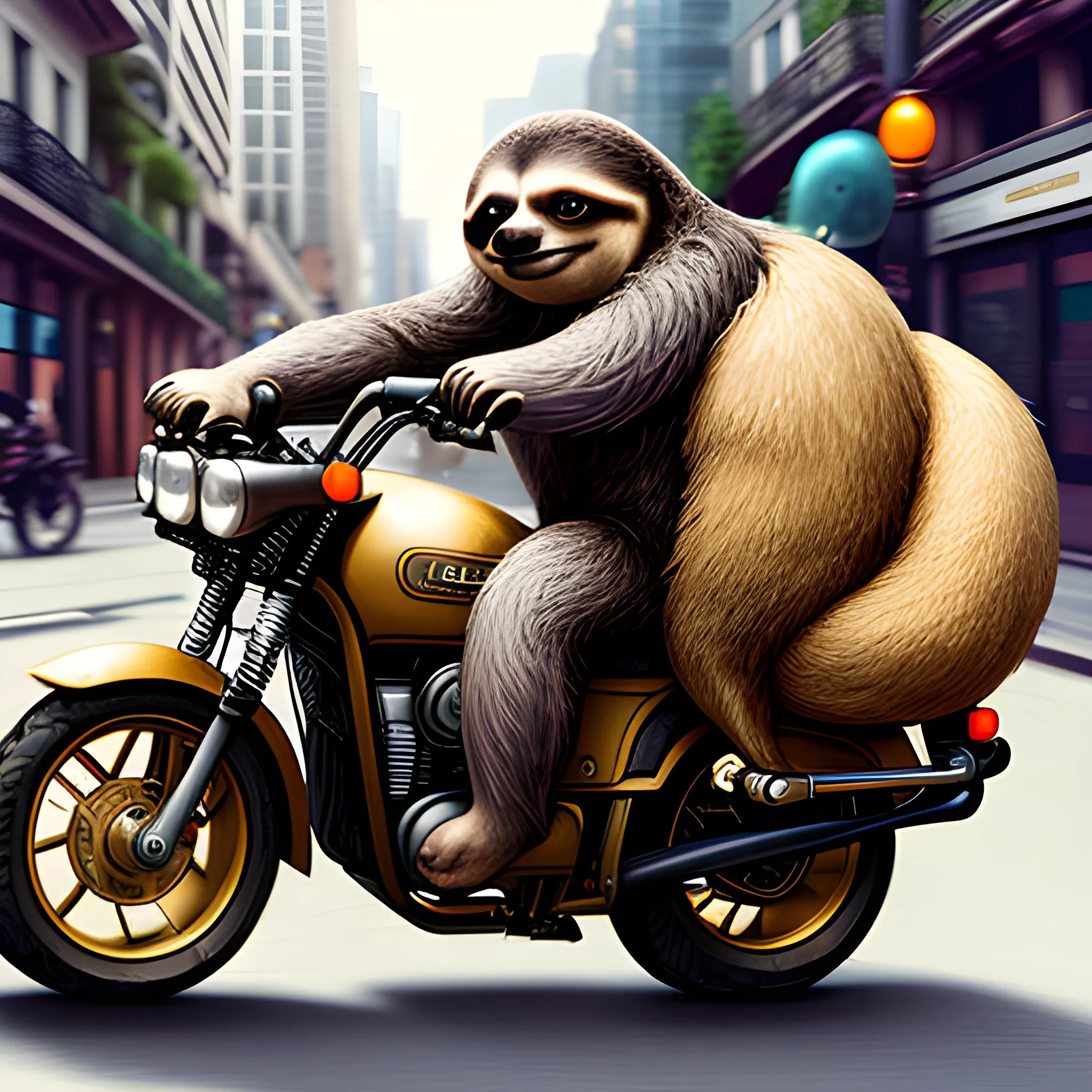 A personified and furry sloth riding a motorcycle on the street.
