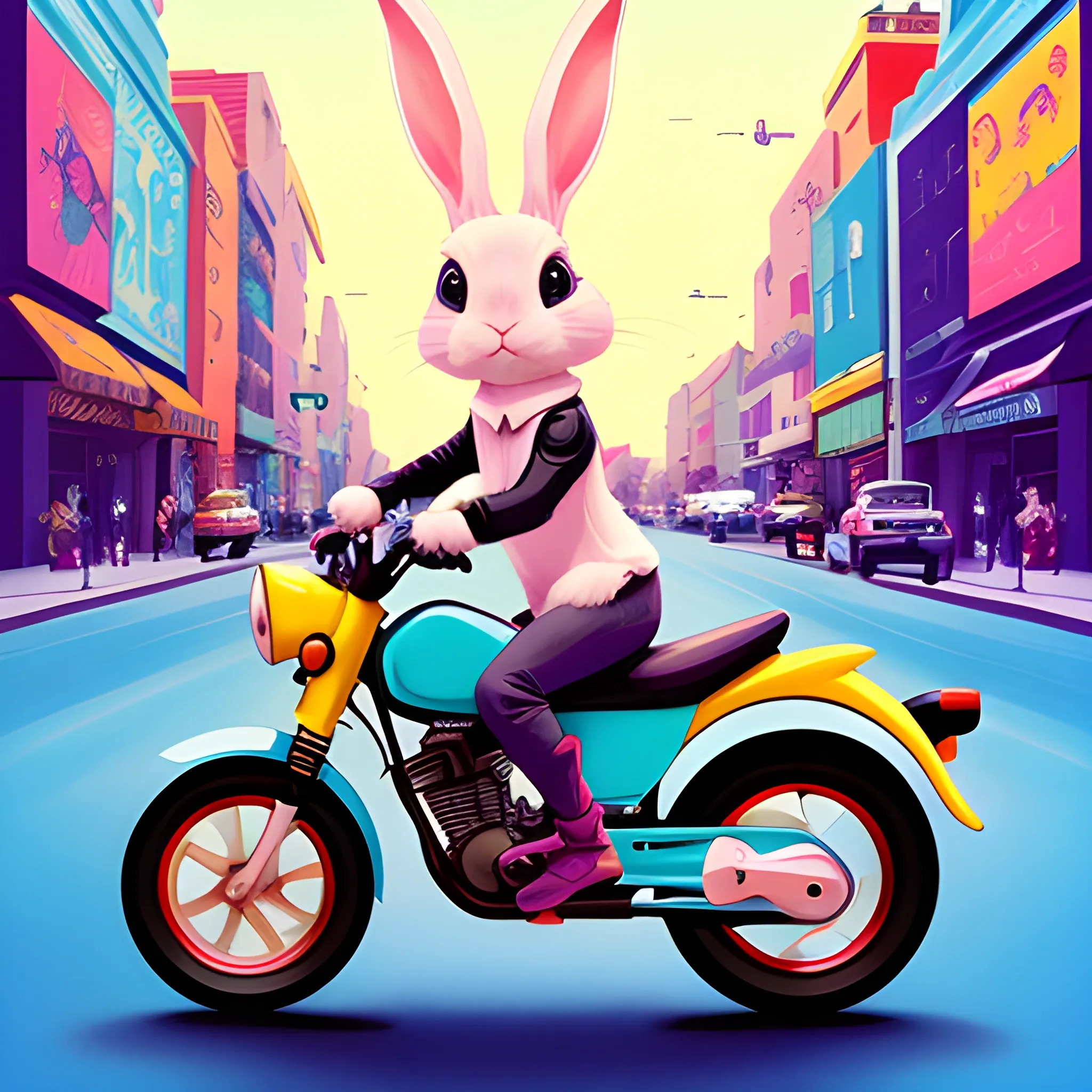 A cute and personified rabbit riding a motorcycle on the street, movie poster cover，playful colors, bold colors