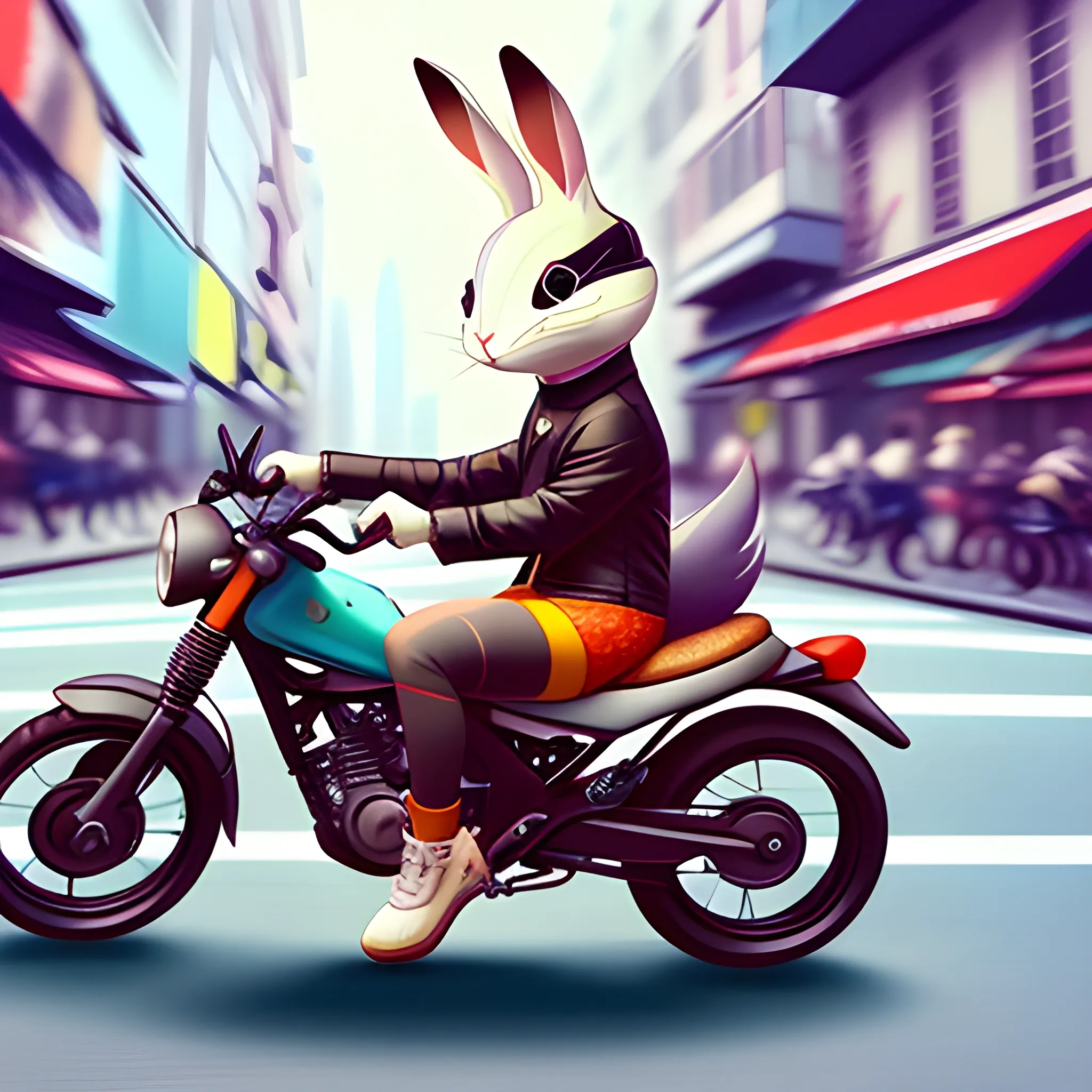 A personified rabbit, looking adorable and stylish, is riding a cool motorcycle on the fashionable streets, wearing a helmet，The point of view is wide. (High quality), (sharpened), bold colors