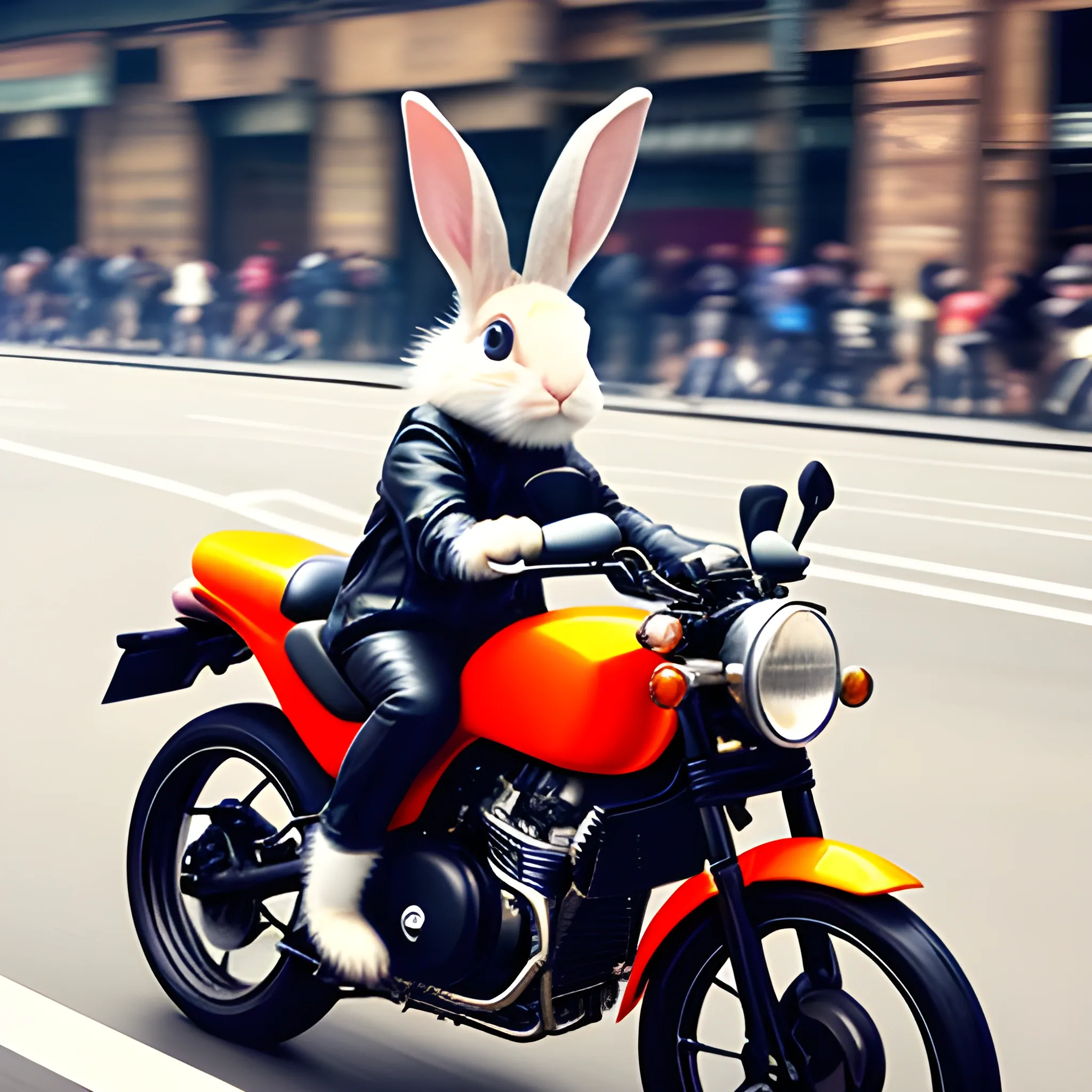 A cute rabbit, looking adorable and stylish, is riding a cool motorcycle on the fashionable streets, wearing a helmet，The point of view is wide. (High quality), (sharpened)