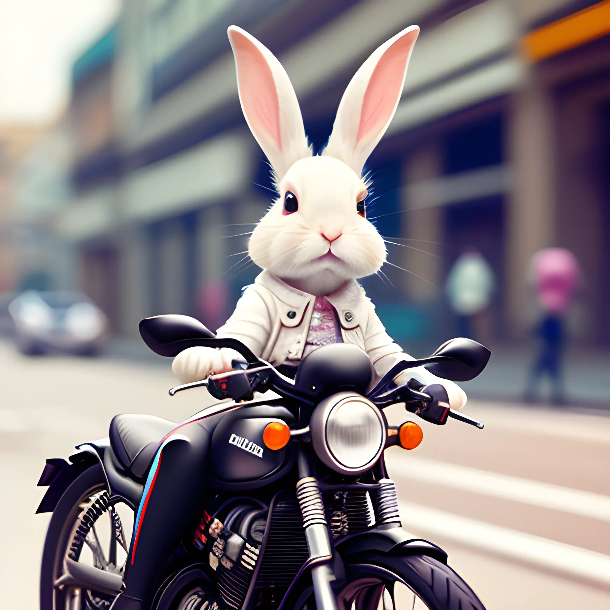 A cute rabbit, looking adorable and stylish, is riding a cool motorcycle on the fashionable streets, wearing a helmet，The point of view is wide. (High quality), (sharpened)， intricate details, masterpiece, microscopic, high quality, detailed, masterpiece, best quality, highres, extremely detailed, (8k)