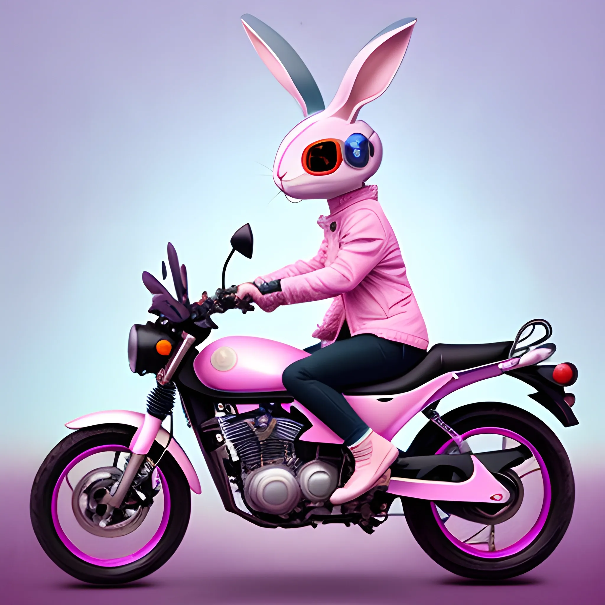 A cute rabbit, looking adorable and stylish, is riding a cool motorcycle on the fashionable streets, wearing a helmet，The point of view is wide. (High quality), (sharpened)， surreal, pastel colors, high definition, stunning graphics，