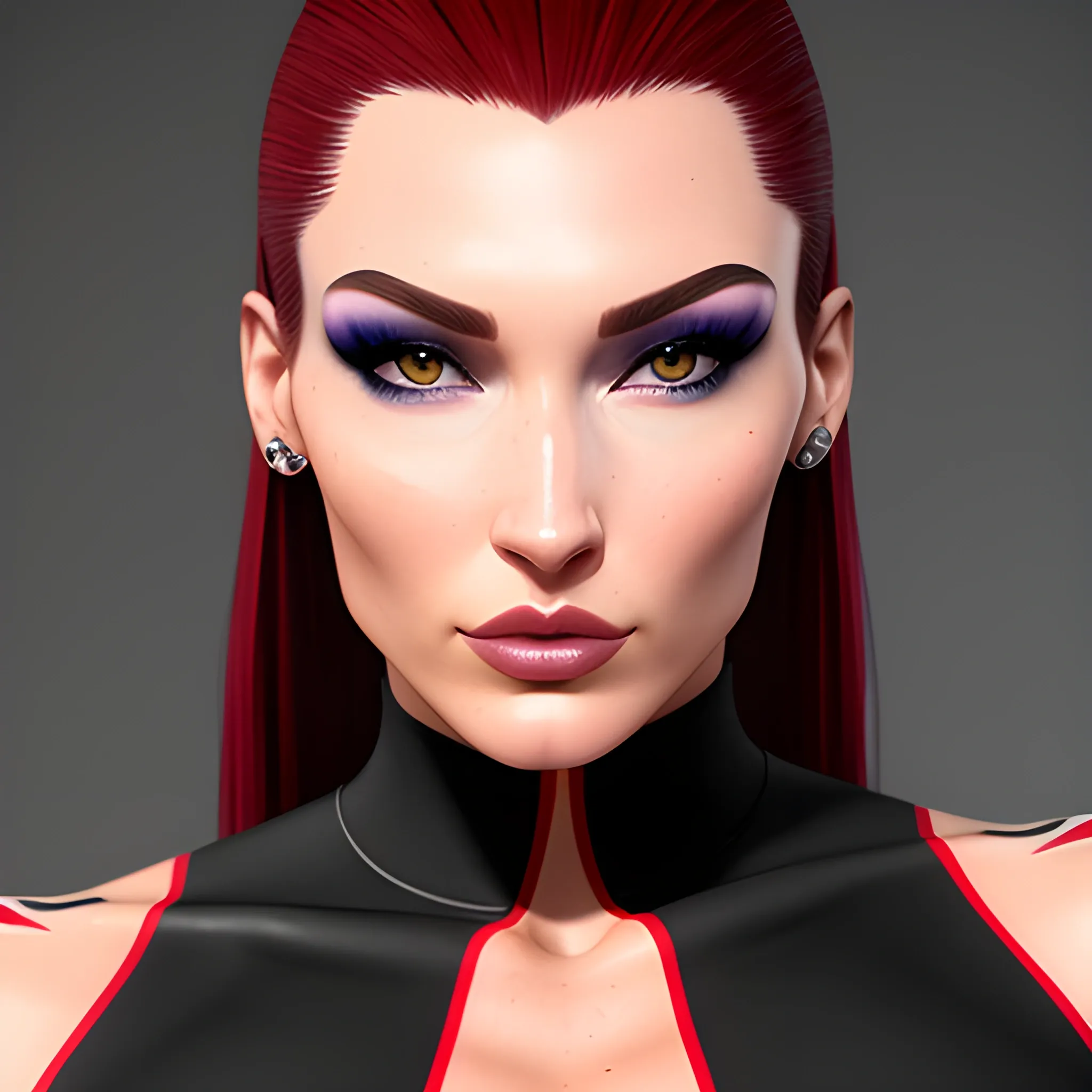 super realistic, high quality, girl, nose and eyes like Bella Hadid, cheekbones, thin, visible muscles, red hair, brown eyes, thick eyebrows, compressed lips, attractive, one black tattoo on her neck in the shape of a butterfly, in a tracksuit