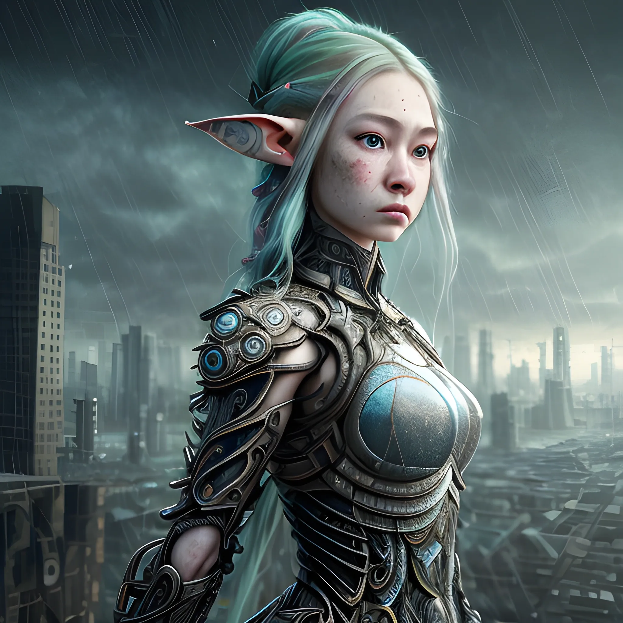 Manabu Ikeda inspired realistic whole body photo of a half-female half-aged-elf princess posing on a rainy ruins ready for a battle. Her face is partly prism-colored diamonds. The camera angle is a wide. Hyper realistic, sharpen details, detailed skin, sharpened eyes, cinematic, intricate details, (gorgeous face:1. 2), masterpiece, half-side angle, dystopian, microscopic, night, high quality, detailed, masterpiece, best quality, highres, extremely detailed, (8k), 