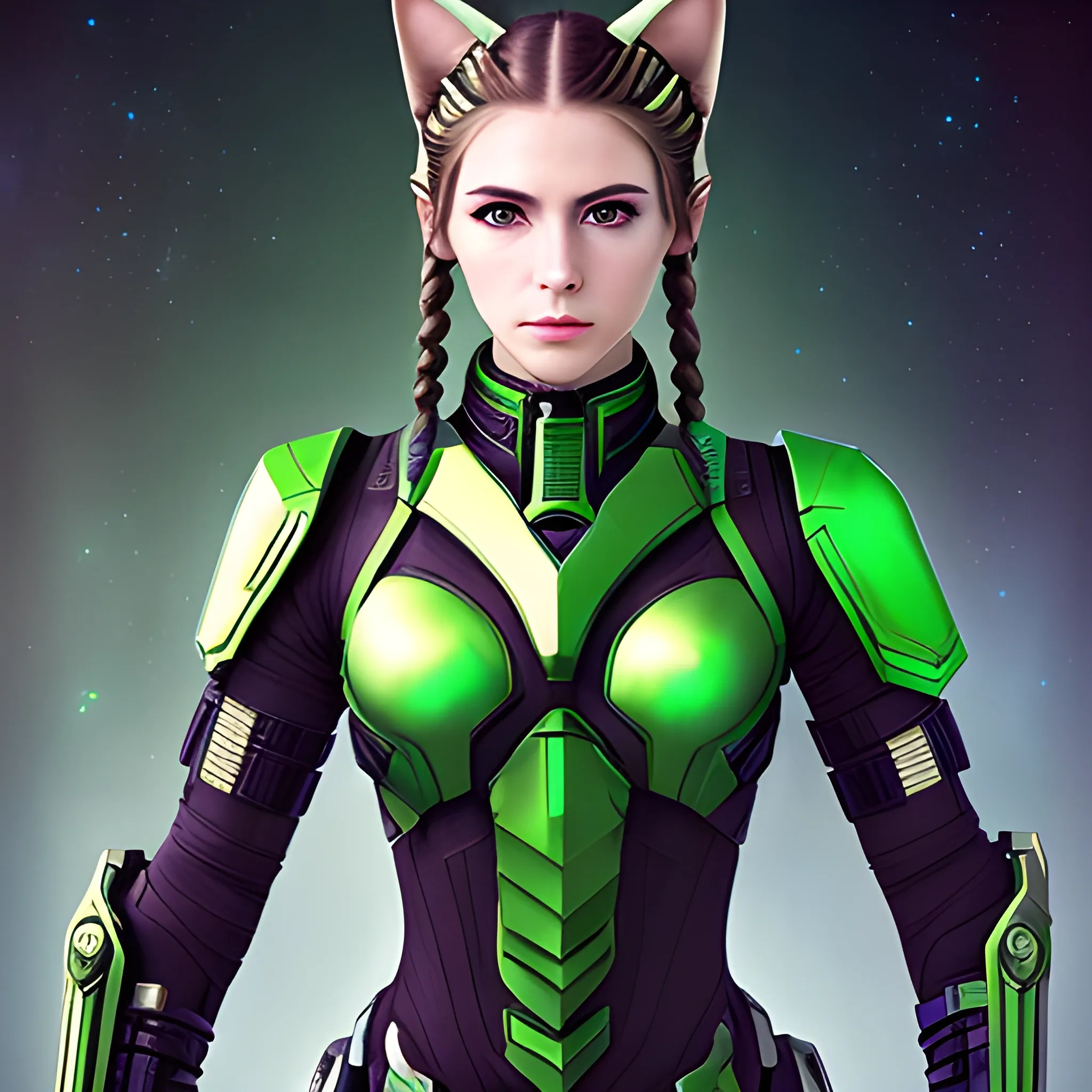Sci-Fi, (masterpiece), (full-body portrait), (portrait photography), (portrait of a feminine male), portrait of feminine male with cat ears, feminine face, soft features, full lips, cute feminine face, long hairstyle, braided hairstyle, green eyes, armor from Dead Space 1