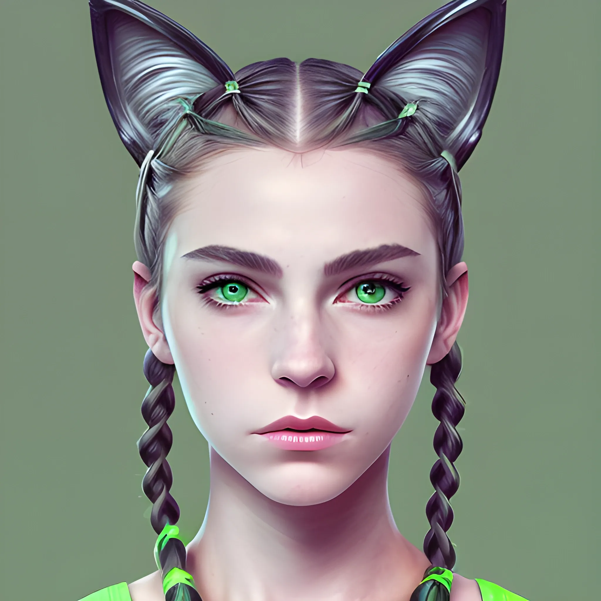 Sci-Fi, (masterpiece), (full-body portrait), (portrait photography), (portrait of a feminine male), portrait of feminine male with cat ears, feminine face, soft features, full lips, cute feminine face, long hairstyle, braided hairstyle, green eyes, sports bra, gray sweatpants