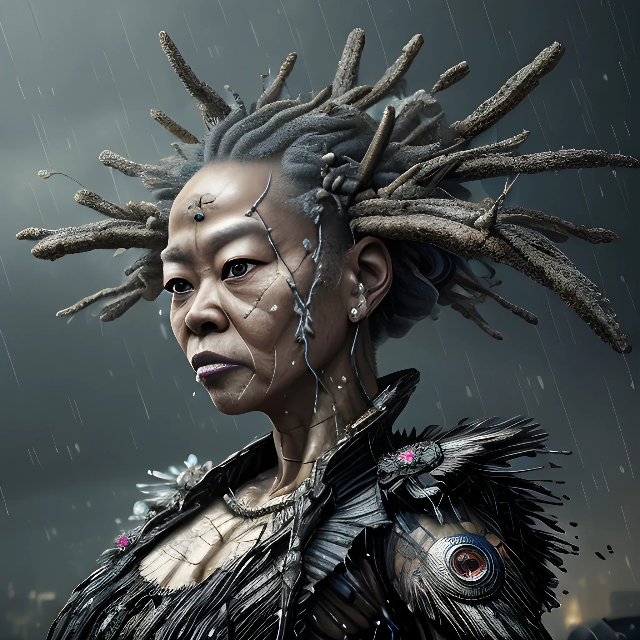 Manabu Ikeda inspired realistic whole body photo of a aged and black half-female half-tree princess posing on a rainy ruins ready for a battle. Her face is full of prism-colored diamonds. The camera angle is a wide. Hyper realistic, sharpen details, detailed skin, sharpened eyes, cinematic, intricate details, (gorgeous face:1. 2), masterpiece, half-side angle, dystopian, microscopic, night, high quality, detailed, masterpiece, best quality, highres, extremely detailed, (8k), 