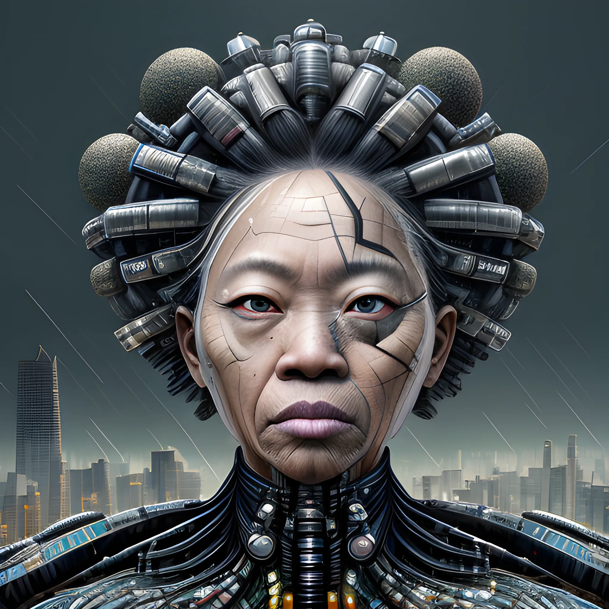 Manabu Ikeda inspired realistic whole body photo of a aged and black half-female half-nuclear princess posing on a rainy ruins ready for a battle. Her face is full of prism-colored diamonds. The camera angle is a wide. Hyper realistic, sharpen details, detailed skin, sharpened eyes, cinematic, intricate details, (gorgeous face:1. 2), masterpiece, half-side angle, dystopian, microscopic, night, high quality, detailed, masterpiece, best quality, highres, extremely detailed, (8k), 