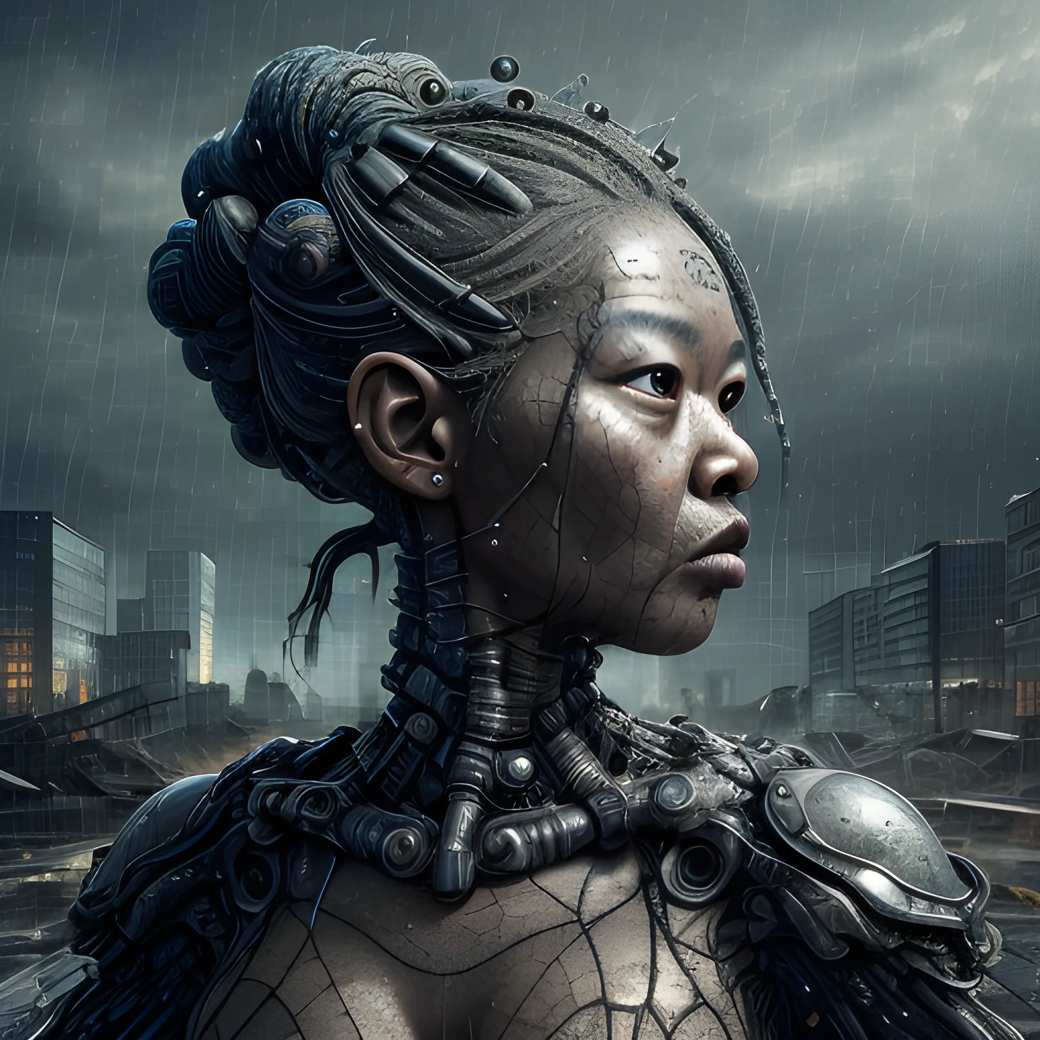 Manabu Ikeda inspired realistic whole body photo of a aged and black half-female half-nuclear princess posing on a rainy ruins ready for a battle. Her face is made of diamonds. The camera angle is a wide. Her legs are  visible. Hyper realistic, sharpen details, detailed skin, sharpened eyes, cinematic, intricate details, (gorgeous face:1. 2), masterpiece, half-side angle, dystopian, microscopic, night, high quality, detailed, masterpiece, best quality, highres, extremely detailed, (8k), 