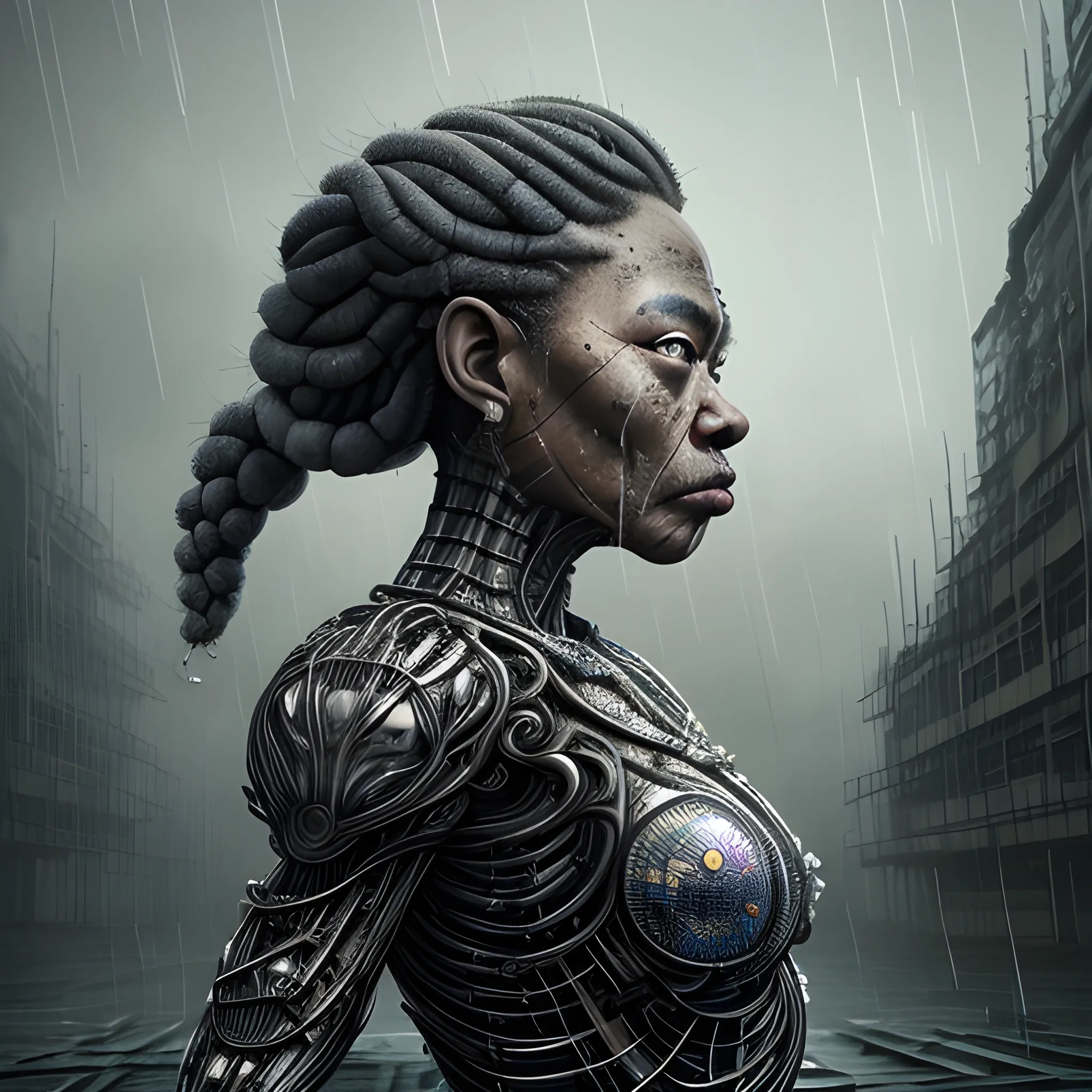 Manabu Ikeda inspired realistic whole body photo of a aged and black half-female half-nuclear princess posing on a rainy ruins ready for a battle. Her face is made of diamonds. The camera angle is a wide. Her legs are  visible. Hyper realistic, sharpen details, detailed skin, sharpened eyes, cinematic, intricate details, (gorgeous face:1. 2), masterpiece, half-backside angle, dystopian, microscopic, night, high quality, detailed, masterpiece, best quality, highres, extremely detailed, (8k), 