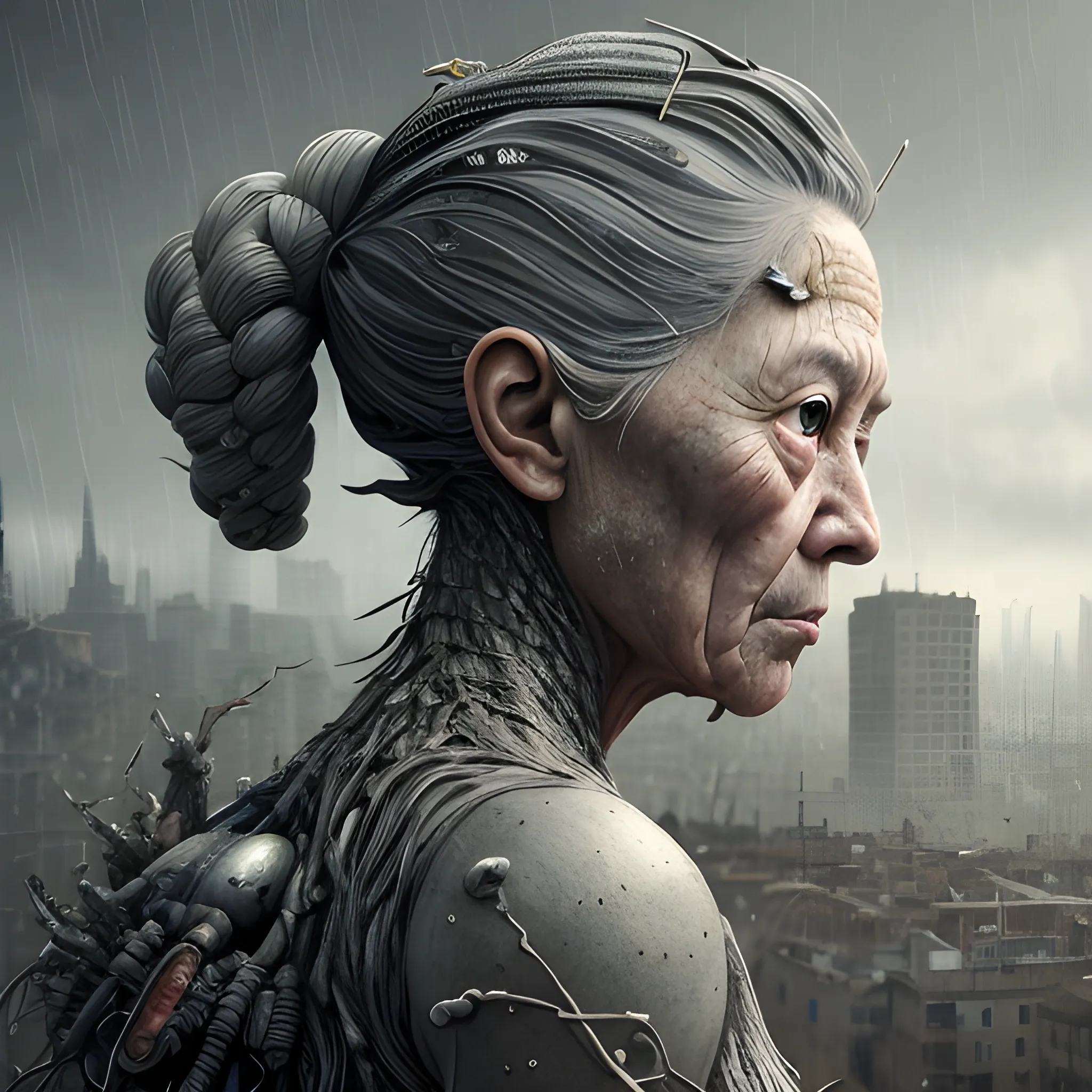 Manabu Ikeda inspired realistic whole body photo of a aged and spanish half-female half-nuclear princess posing on a rainy ruins ready for a battle. Her skin is made of titanium. The camera angle is a wide. Her legs are  visible. Hyper realistic, sharpen details, detailed skin, sharpened eyes, cinematic, intricate details, (gorgeous face:1. 2), masterpiece, full-backside angle, dystopian, microscopic, night, high quality, detailed, masterpiece, best quality, highres, extremely detailed, (8k), 