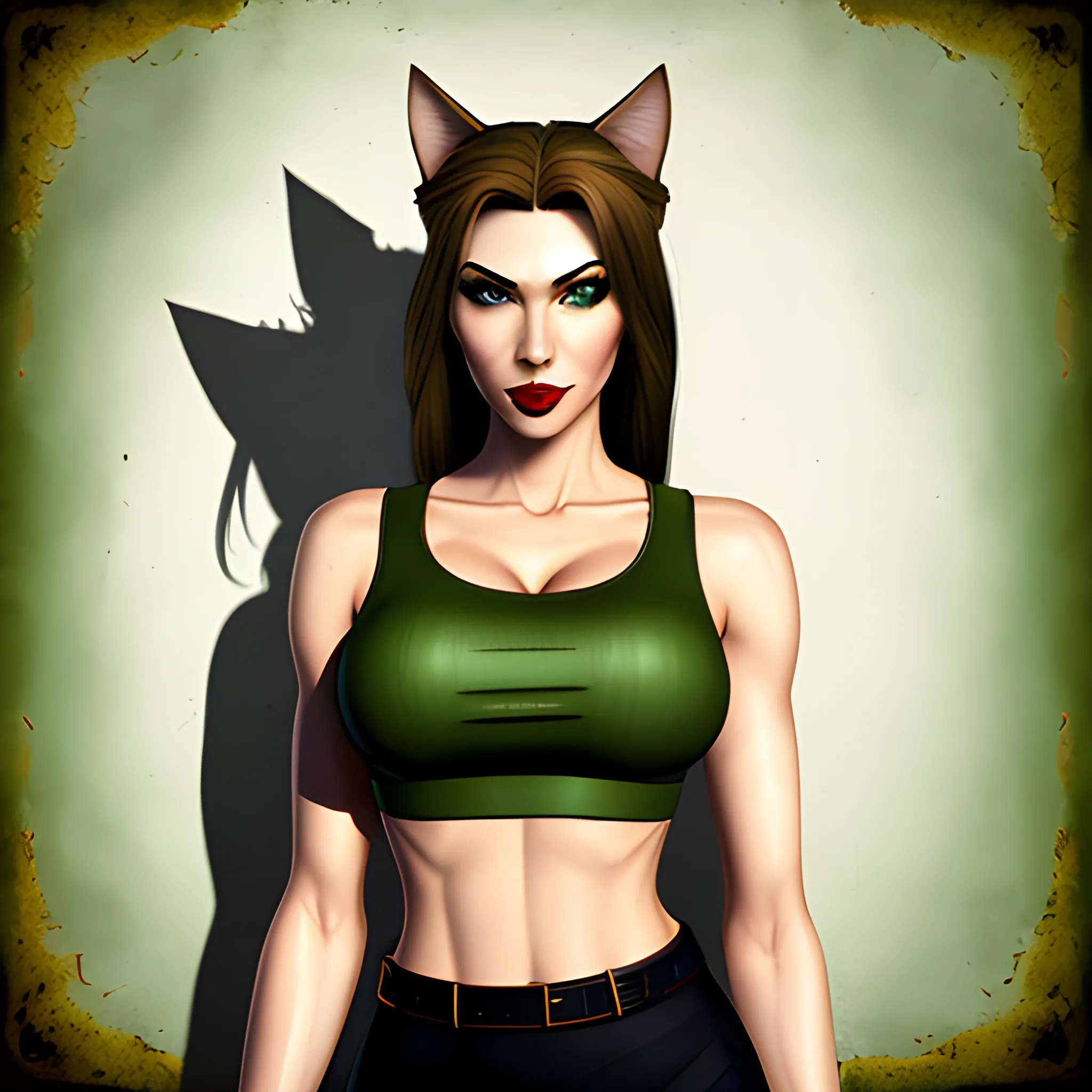 In the style of Fallout 1, (masterpiece), (portrait photography), (portrait of an adult Caucasian female), catgirl, cat ears, long hairstyle, long brown hair, green eyes, white tanktop, exposed midriff, full-body portrait