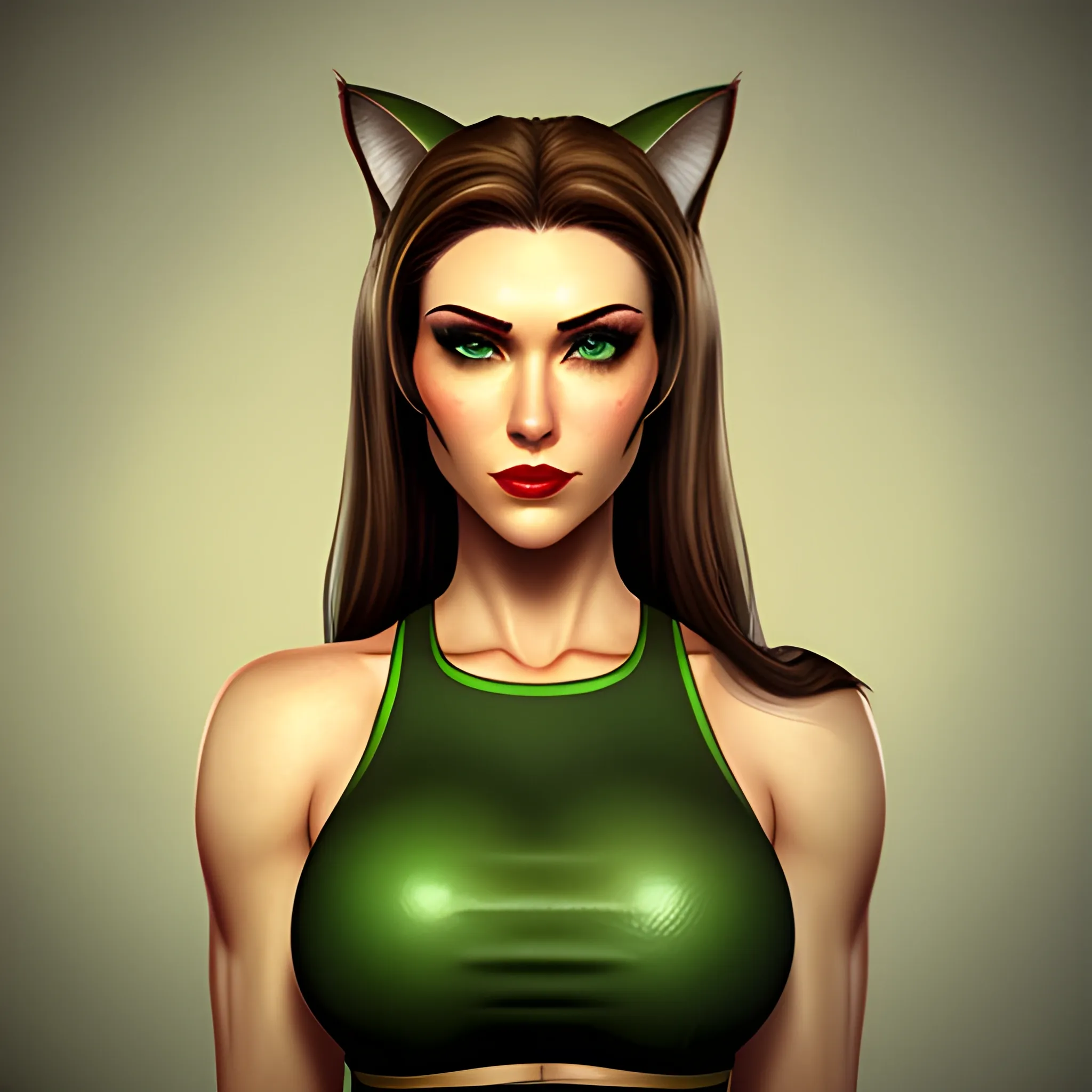 In the style of Fallout 1, (masterpiece), (portrait photography), (portrait of an adult Caucasian female), catgirl, cat ears, long hairstyle, long brown hair, green eyes, white tanktop, exposed midriff