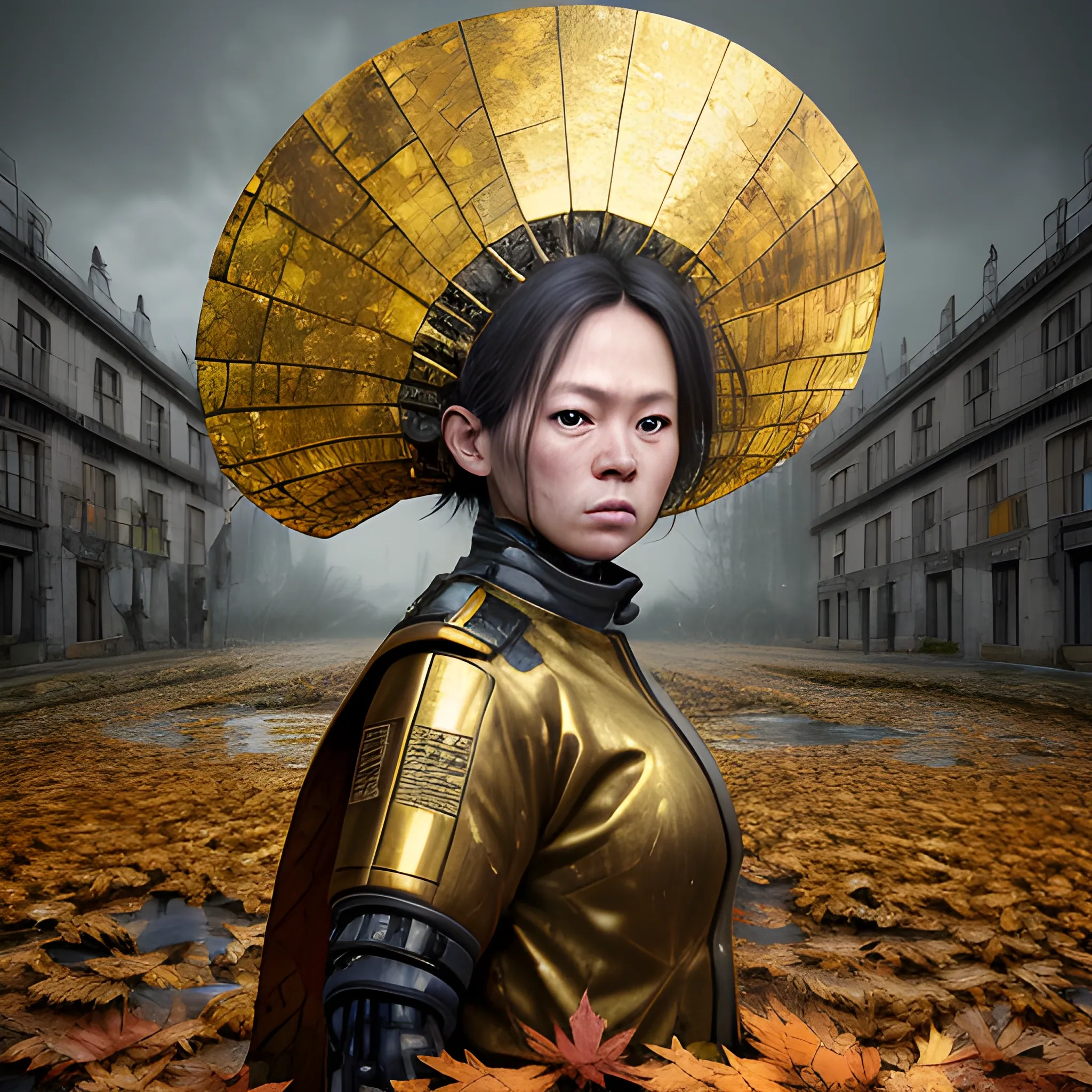 Manabu Ikeda inspired realistic whole body photo of a aged and spanish half-female half-nuclear princess posing on a rainy ruins ready for a battle. Her skin is made of gold. The camera angle is a wide. Her legs are  visible. Hyper realistic, sharpen details, detailed skin, sharpened eyes, cinematic, intricate details, (gorgeous face:1. 2), masterpiece, full-backside angle, dystopian, microscopic, night, high quality, detailed, masterpiece, best quality, highres, extremely detailed, (8k), autumn leafs,